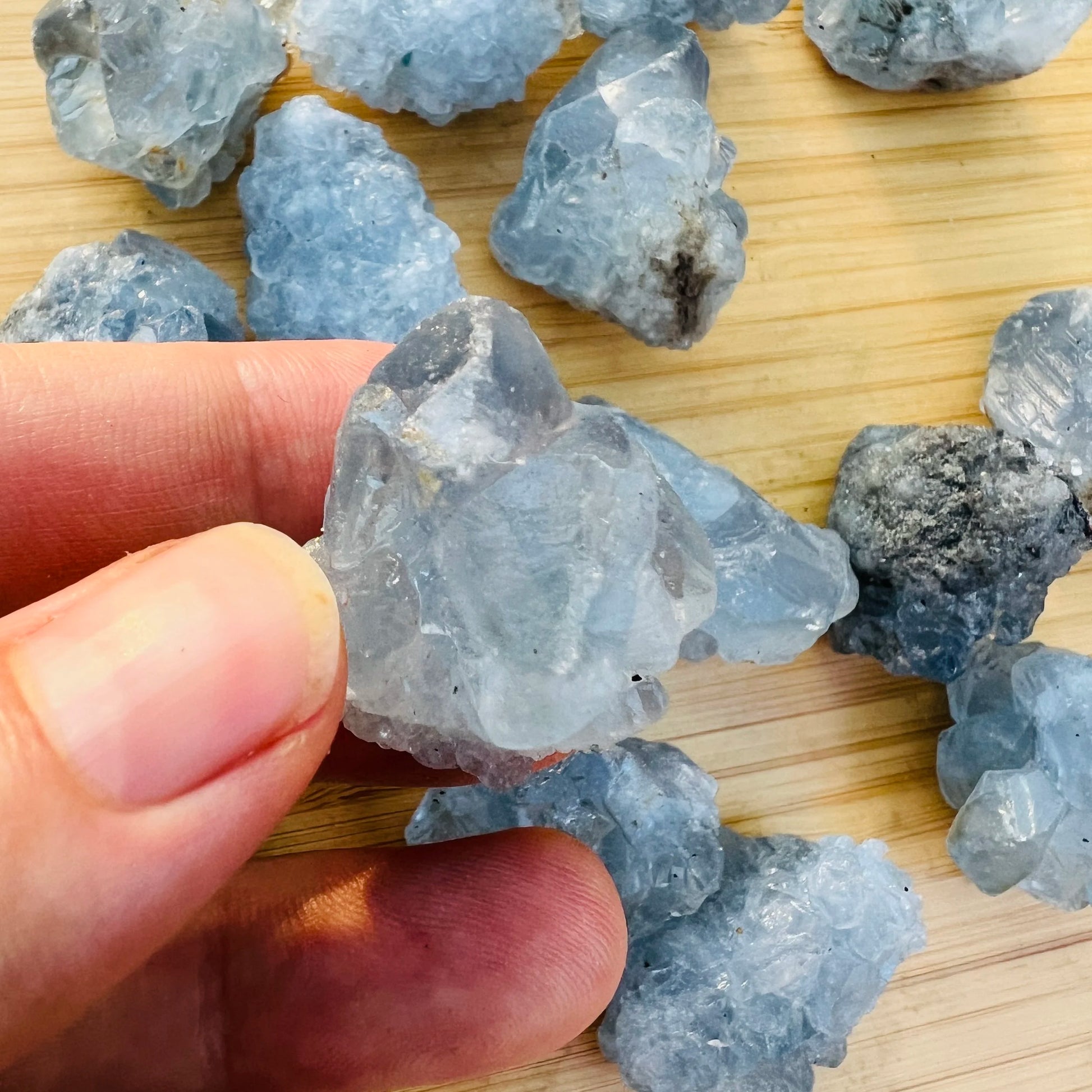 Full profile of Grade AA Celestite raw ready to ship from Beyond Bohemian
