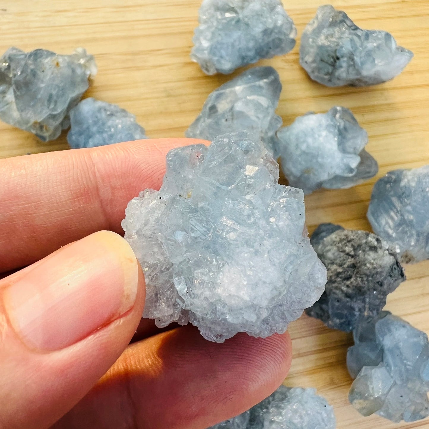 Detail shot of Grade AA Celestite raw under natural light