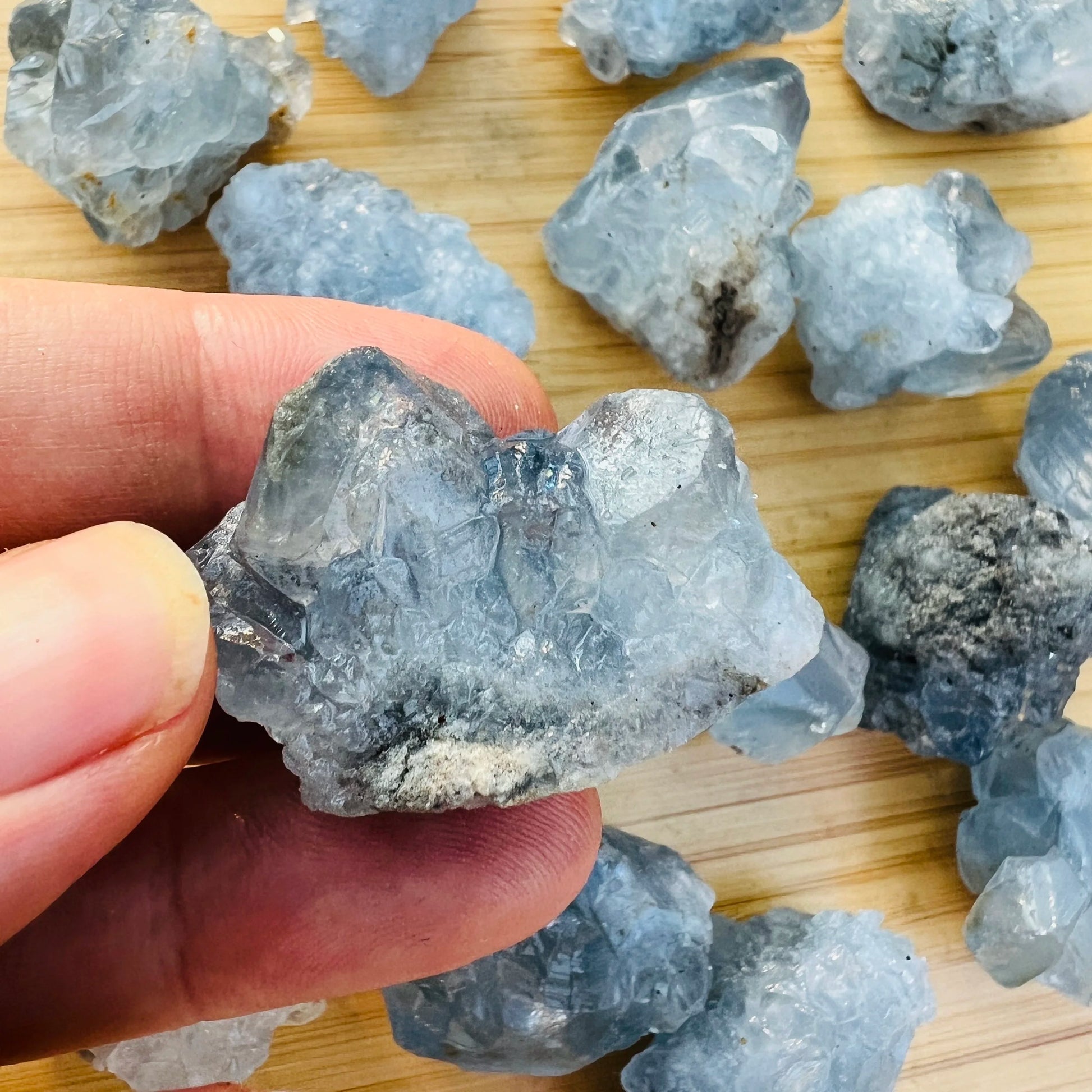 Full profile of Grade AA Celestite raw ready to ship from Beyond Bohemian
