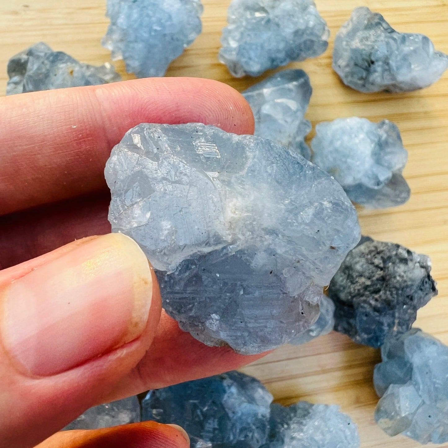 Full profile of Grade AA Celestite raw ready to ship from Beyond Bohemian