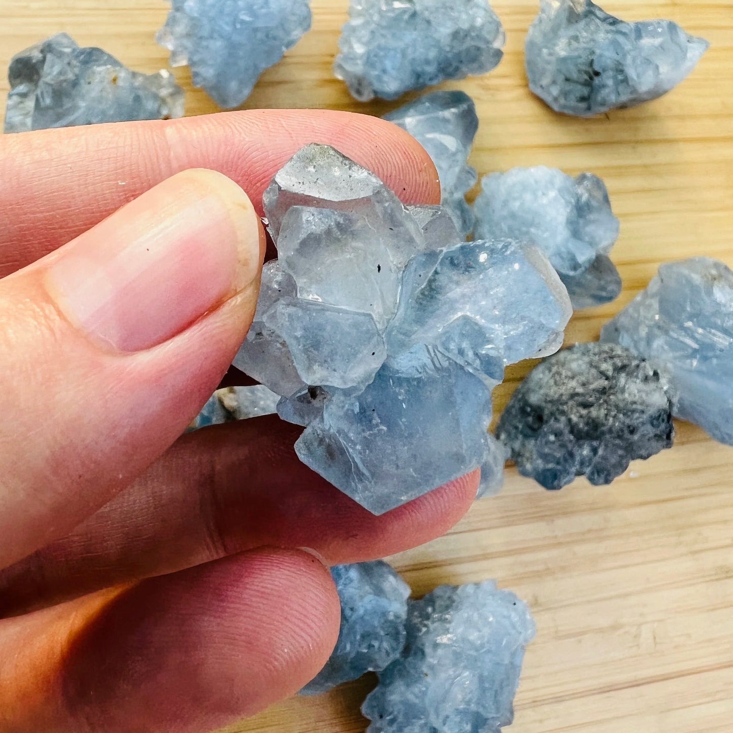 Full piece view of Celestite raw crystal, from Sakoany, Madagascar, with character of the piece on display.