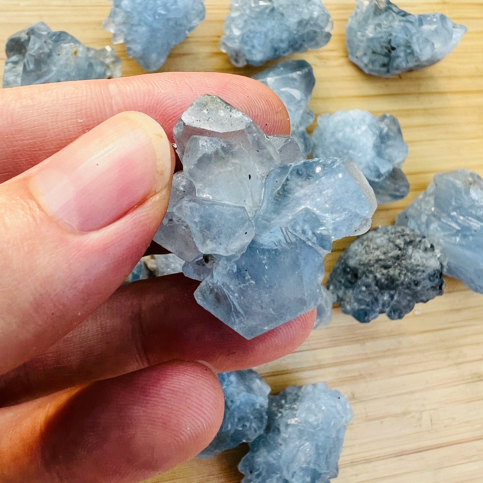 Full piece view of Celestite raw crystal, from Sakoany, Madagascar, with character of the piece on display.
