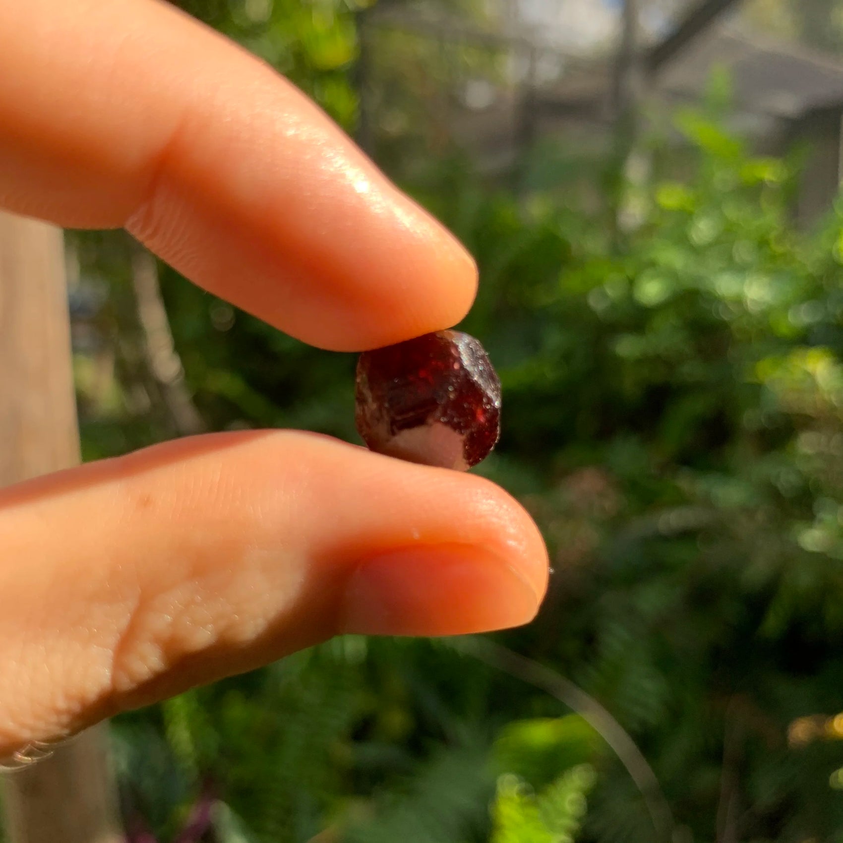Overhead angle of Garnet raw stone, from Brazil, kept close for Energy.