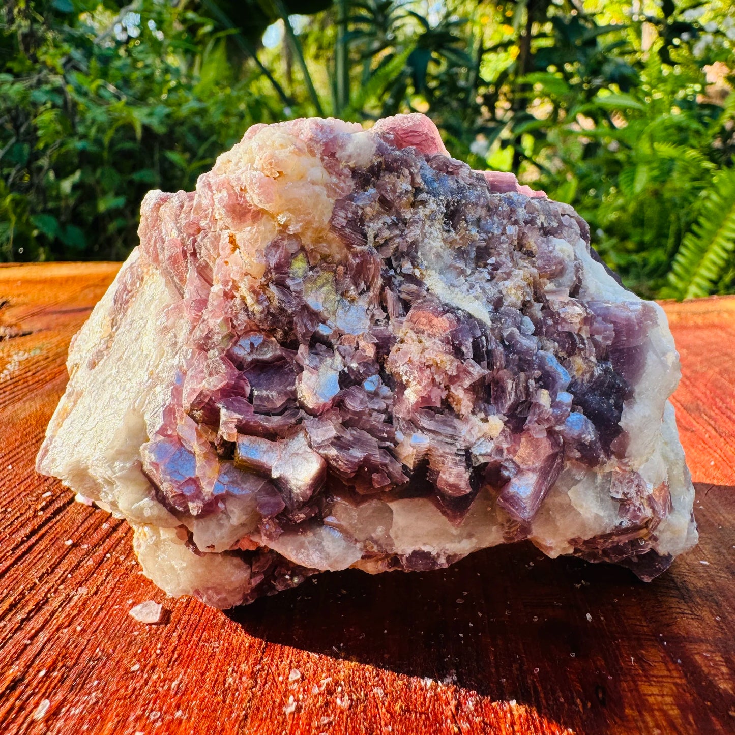 Held against neutral backdrop is a Lepidolite specimen, from Minas Gerais, Brazil, with subtle natural color showing through.