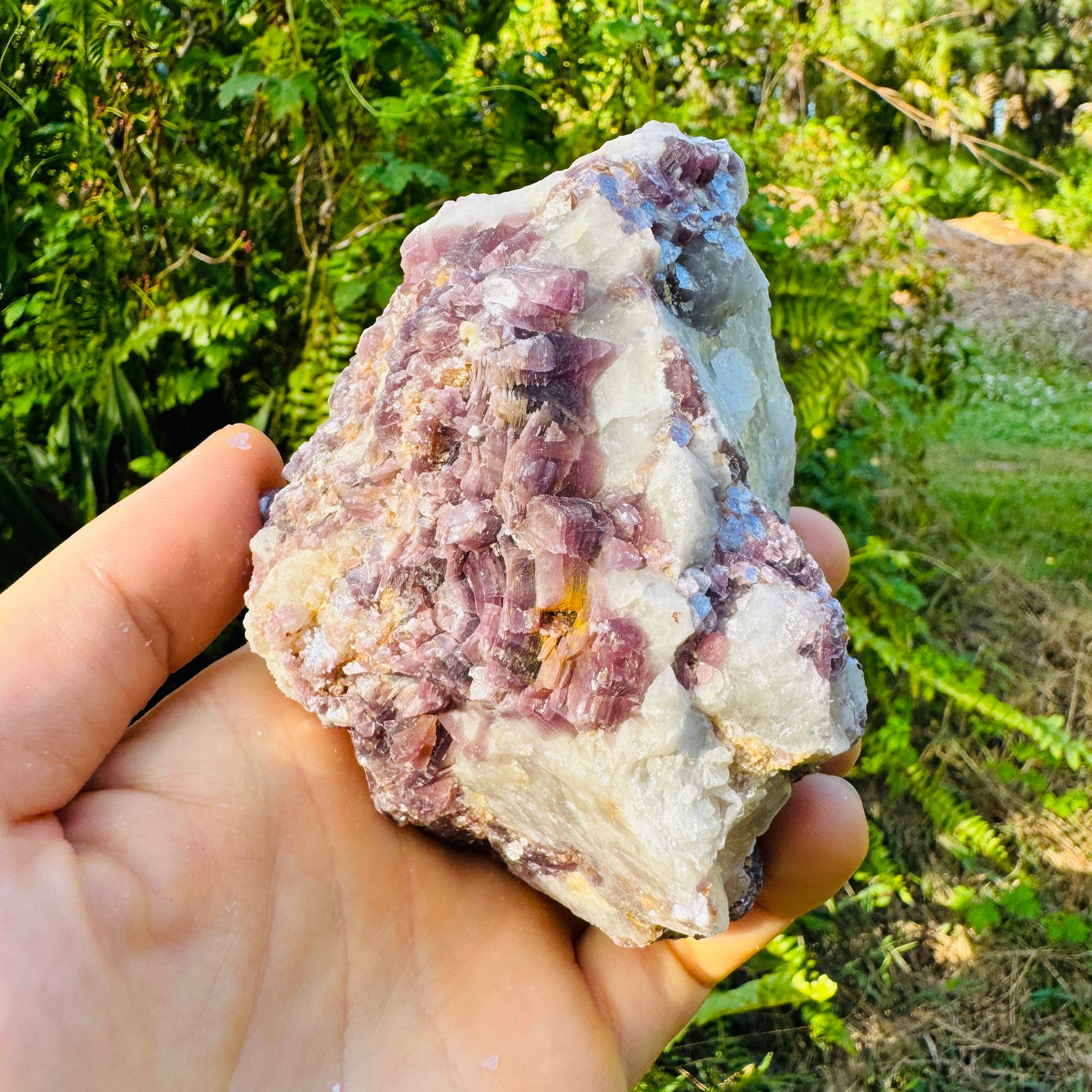 Profile shot of purple Lepidolite specimen, sourced from Minas Gerais, Brazil, carried for Stress Relief and Emotional Healing.
