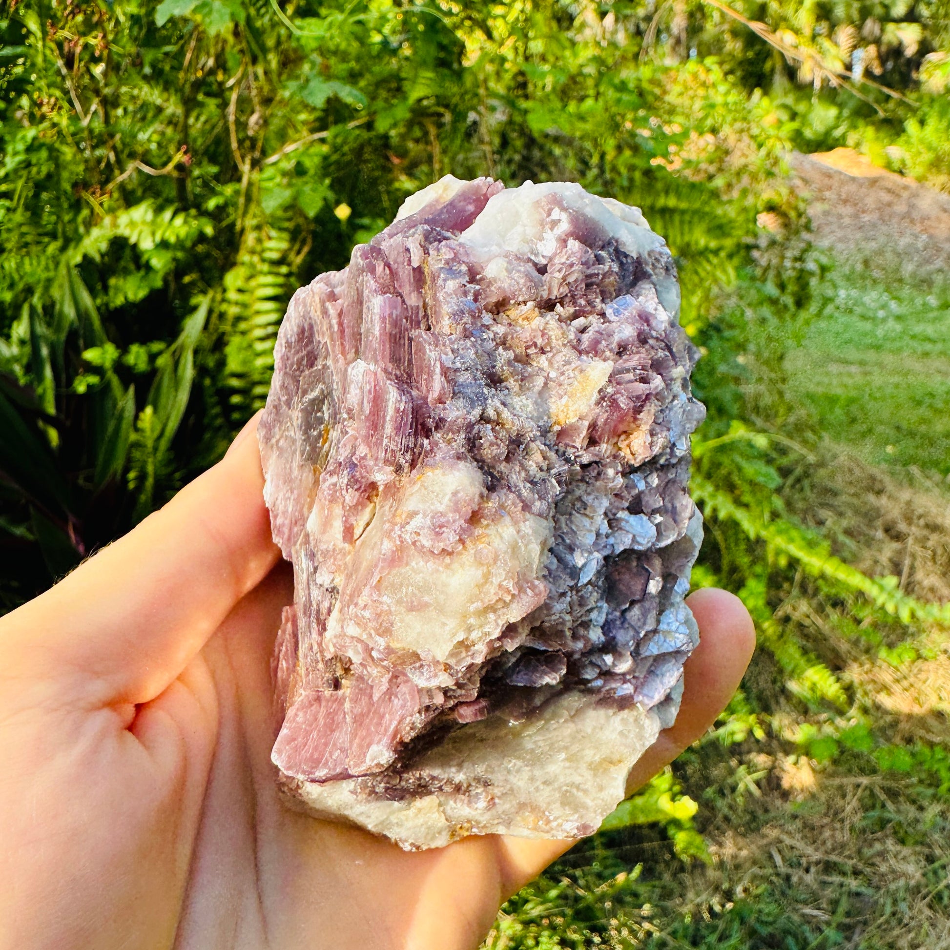 Up-close view of Lepidolite specimen, from Brazil, turned to for Stress Relief and Emotional Healing.