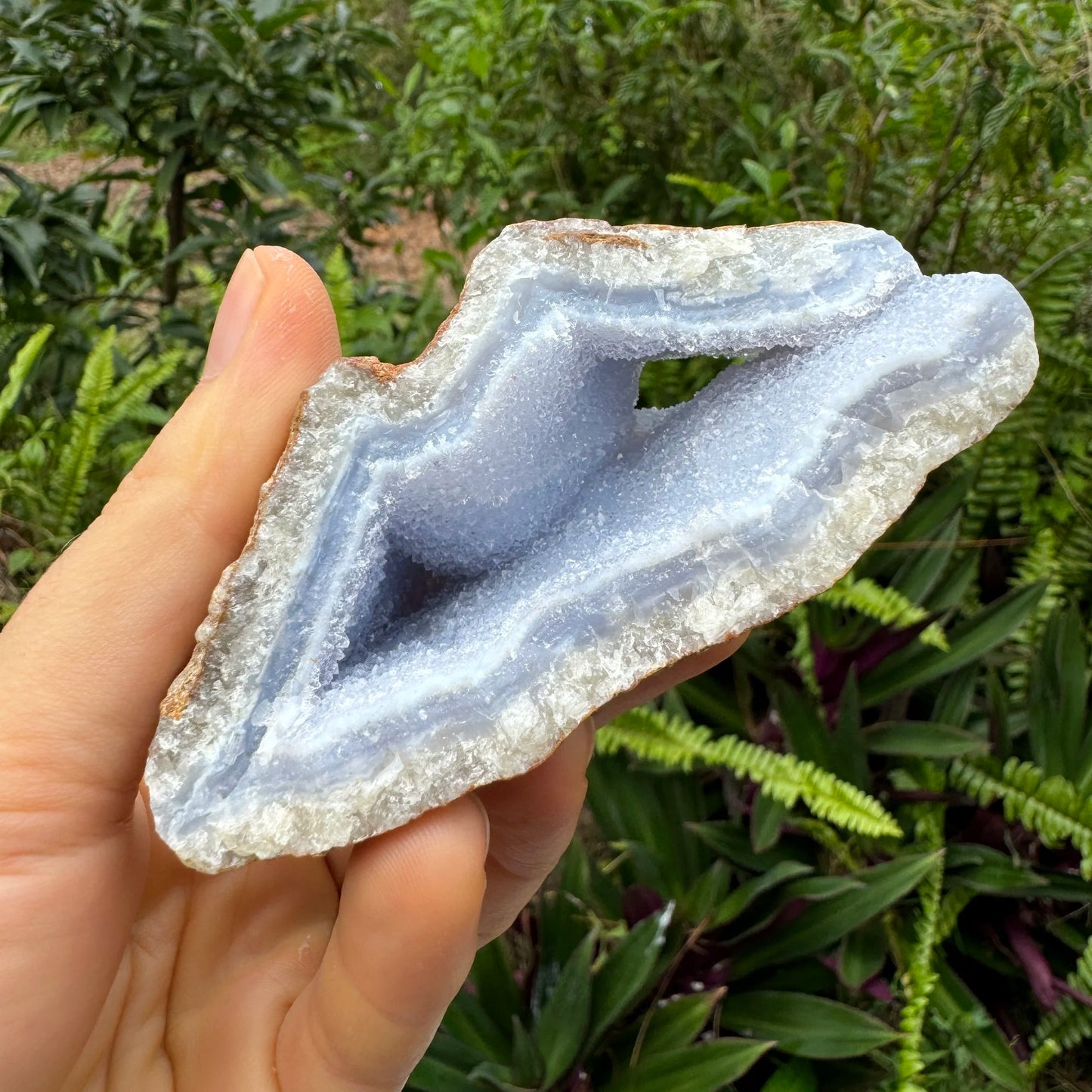 Full profile of Grade AA Blue Lace Agate geode ready to ship from Beyond Bohemian