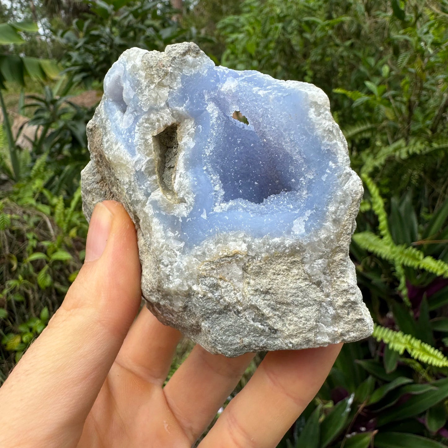 Full profile of Grade AA Blue Lace Agate geode ready to ship from Beyond Bohemian