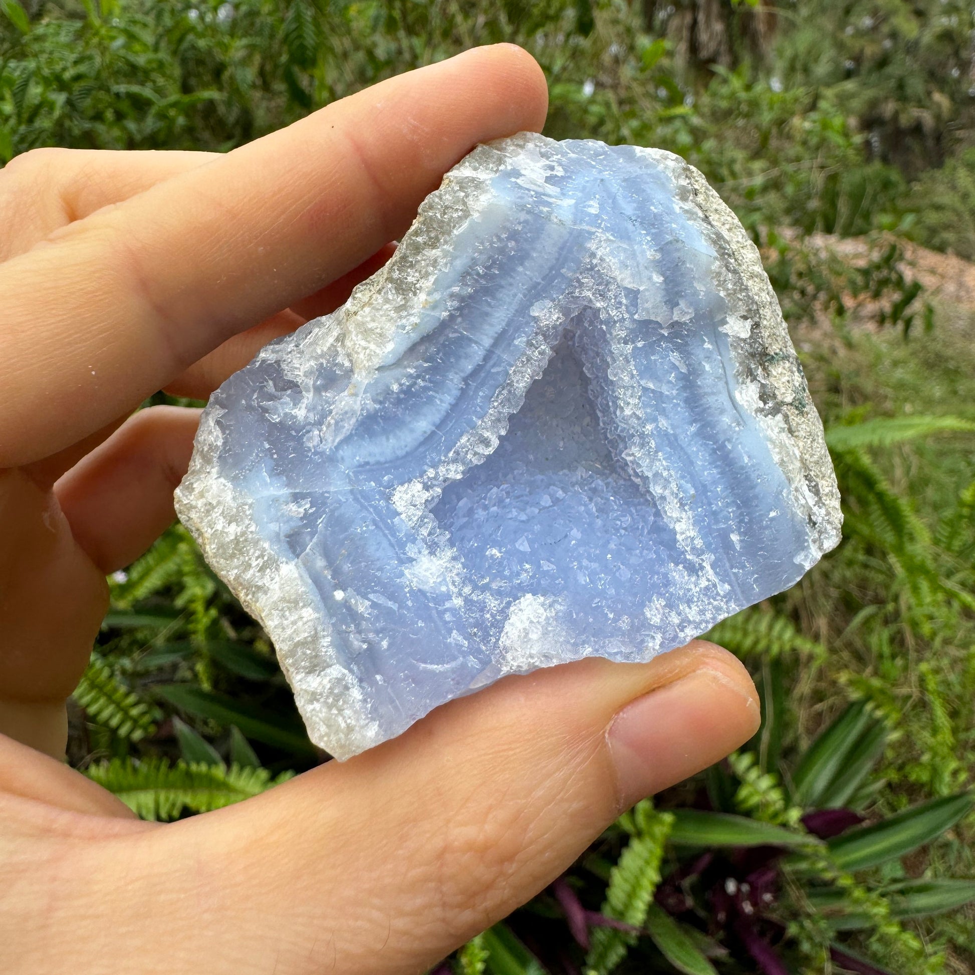 Full profile of Grade AA Blue Lace Agate geode ready to ship from Beyond Bohemian