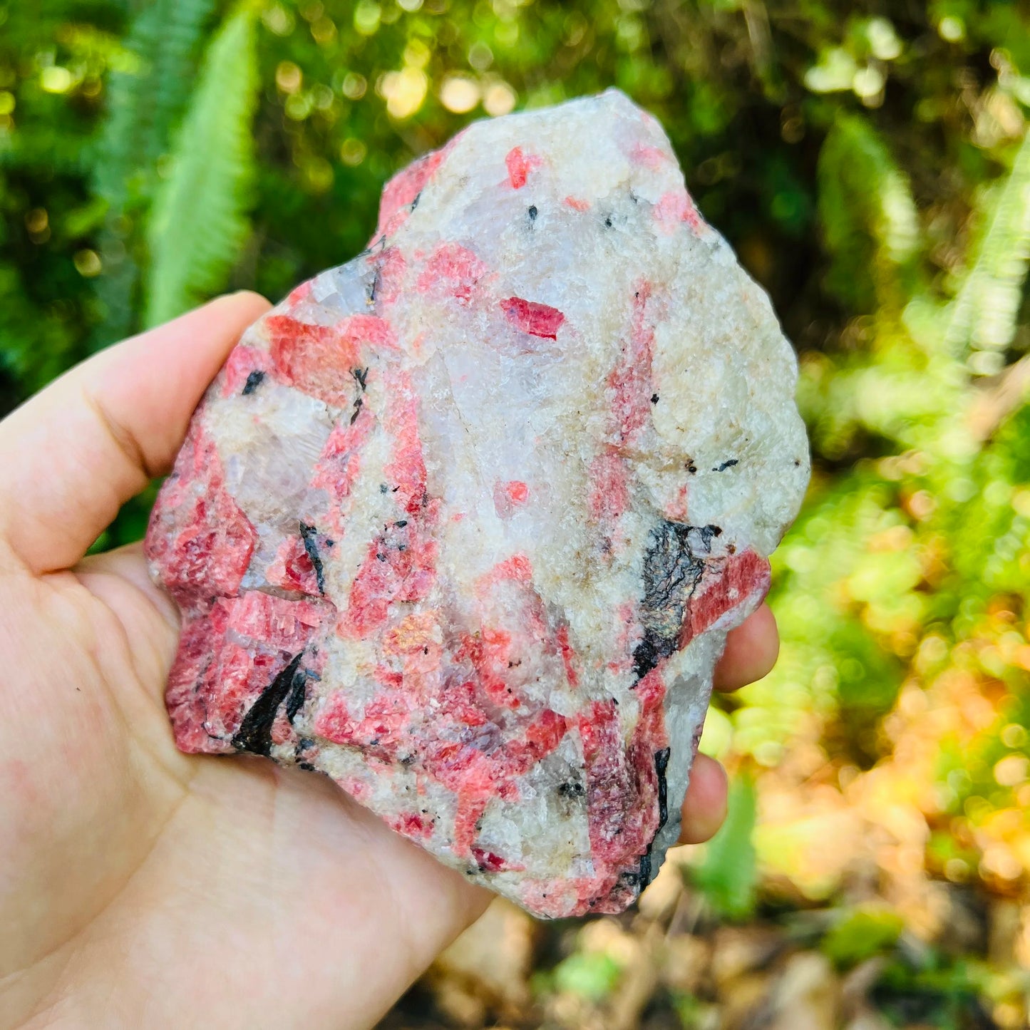 Tight crop of Rhodonite specimen, showing raw matrix.