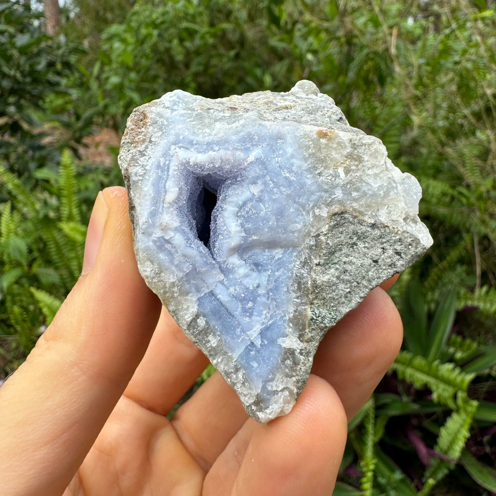 Full profile of Grade AA Blue Lace Agate geode ready to ship from Beyond Bohemian