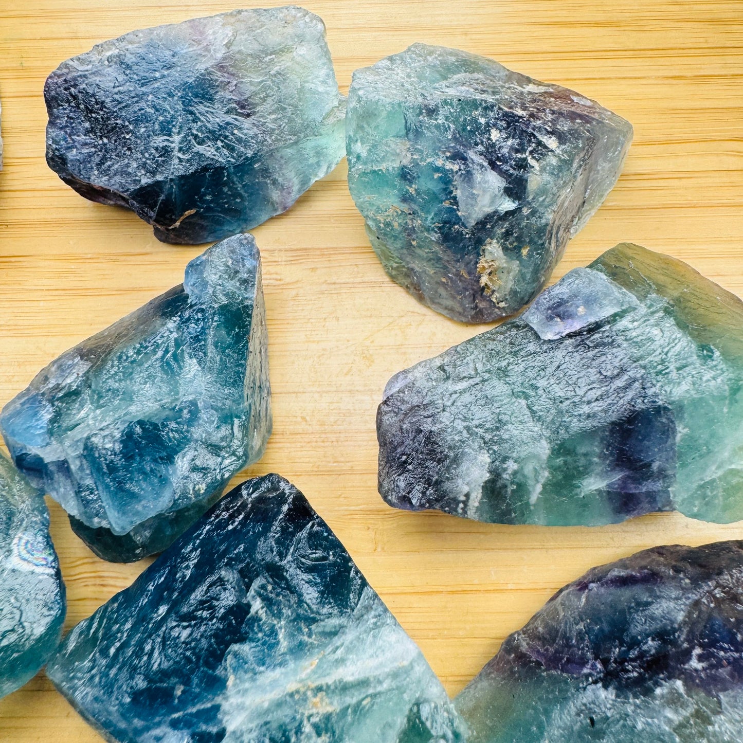 Color detail of Fluorite raw stone, showing natural color depth, sourced from Namibia.