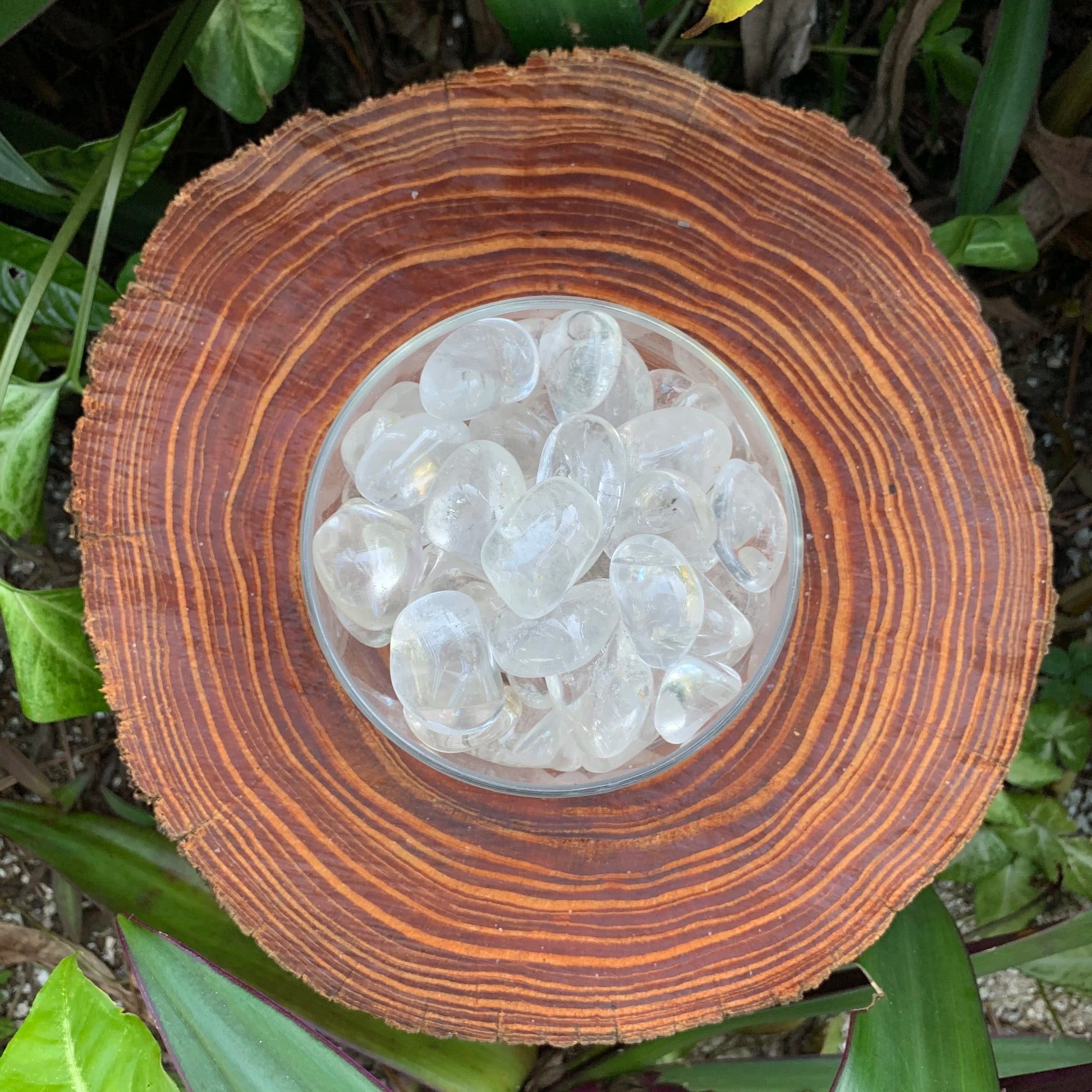 Grade aaa clear quartz tumbled stone held in hand for size reference