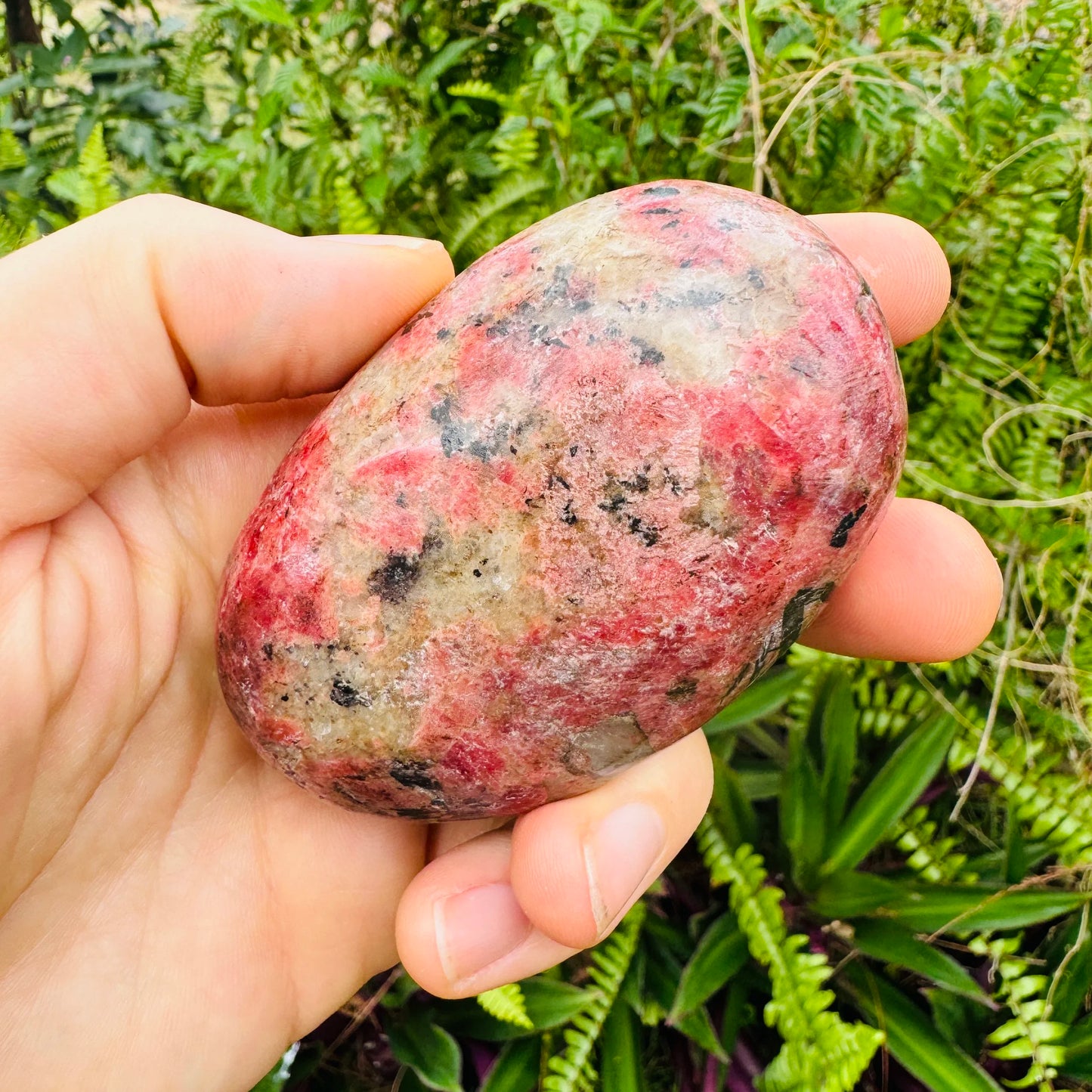 Lifestyle view of a Rhodonite freeform, sourced from Masvingo, Zimbabwe.