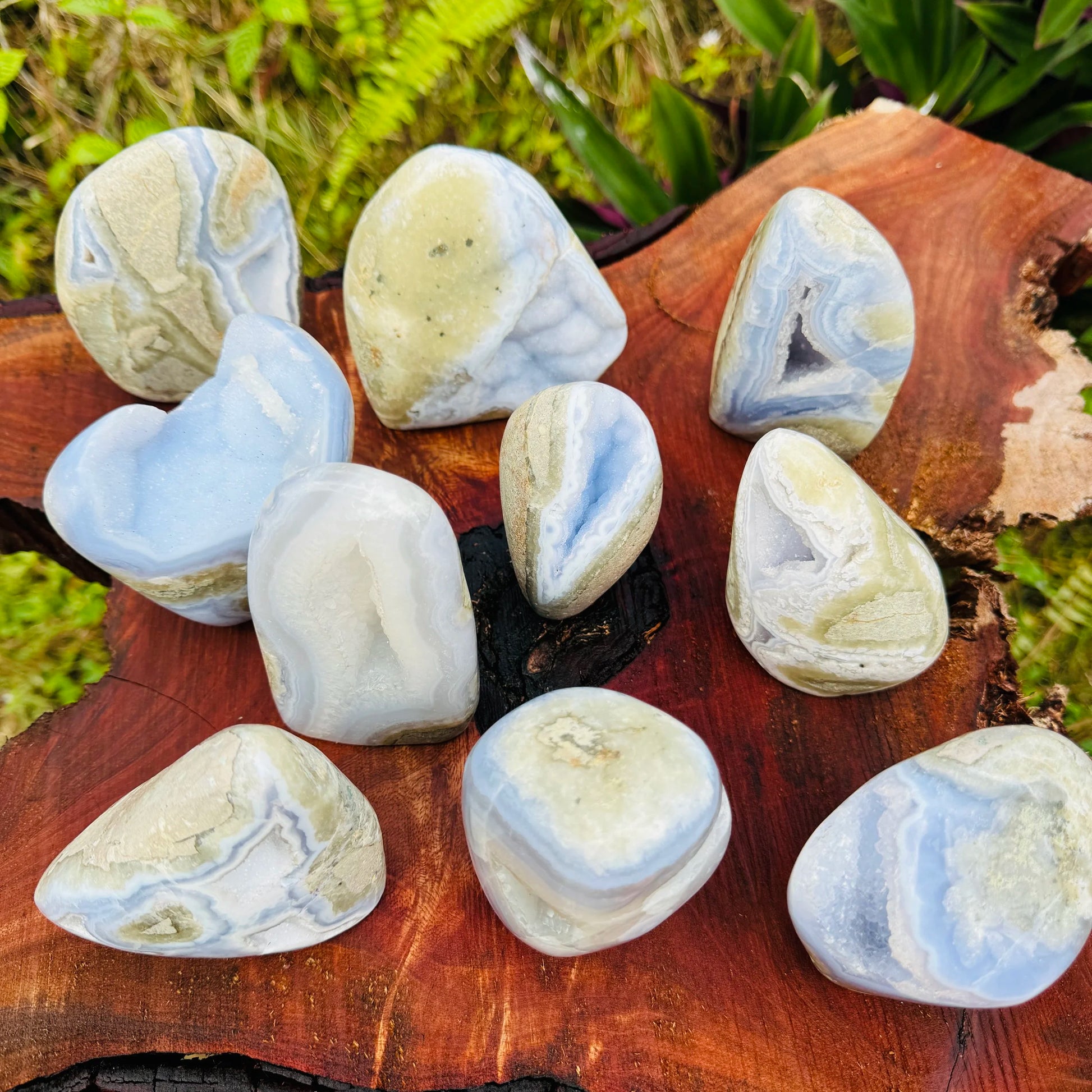Tight crop of Blue Lace Agate specimen, showing natural banding, sourced from Malawi.