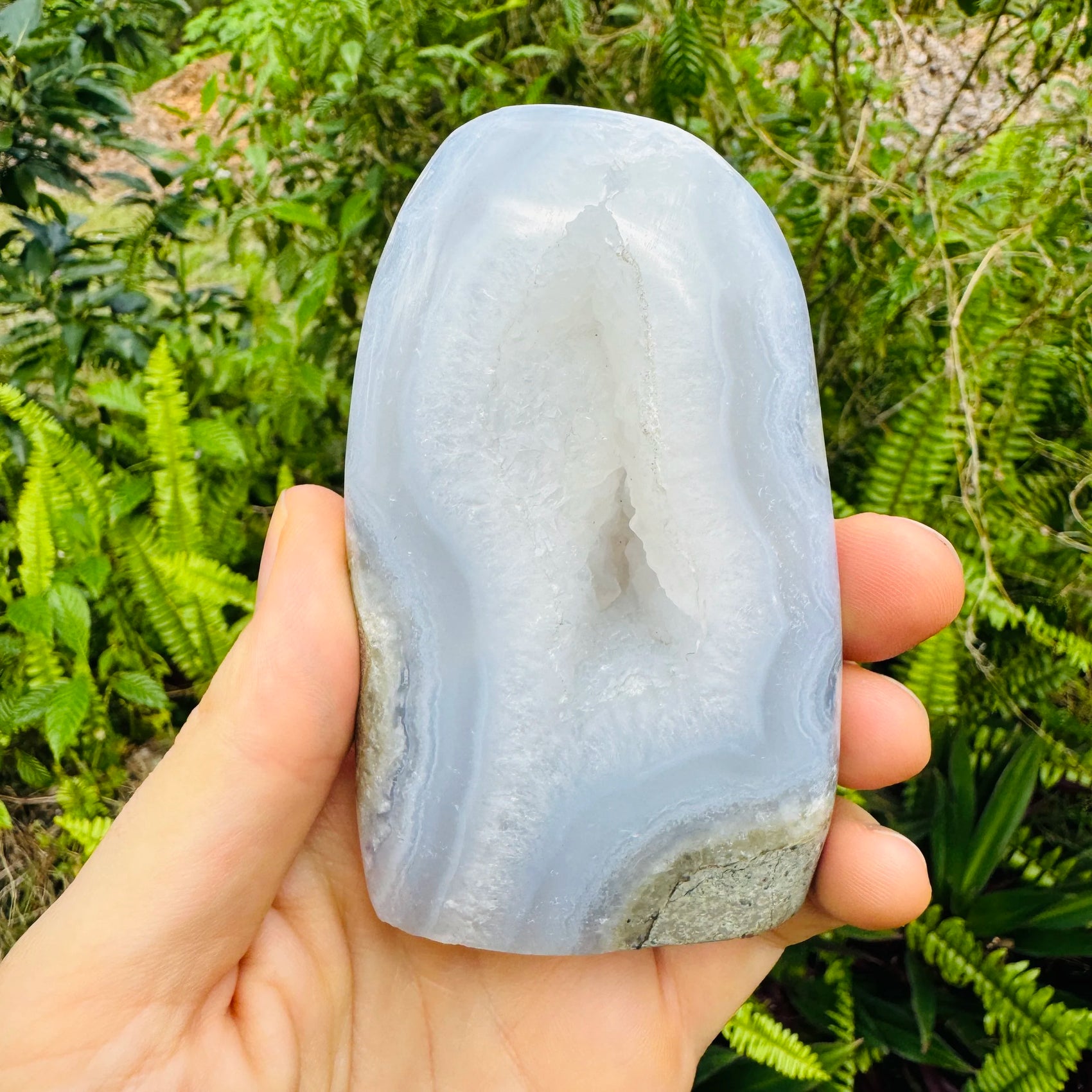 Bottom side of Blue Lace Agate specimen, sourced from Nsipe, Malawi, carried for Stress Relief.