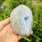 Plan view of Blue Lace Agate specimen, linked to Stress Relief, Malawi-sourced.