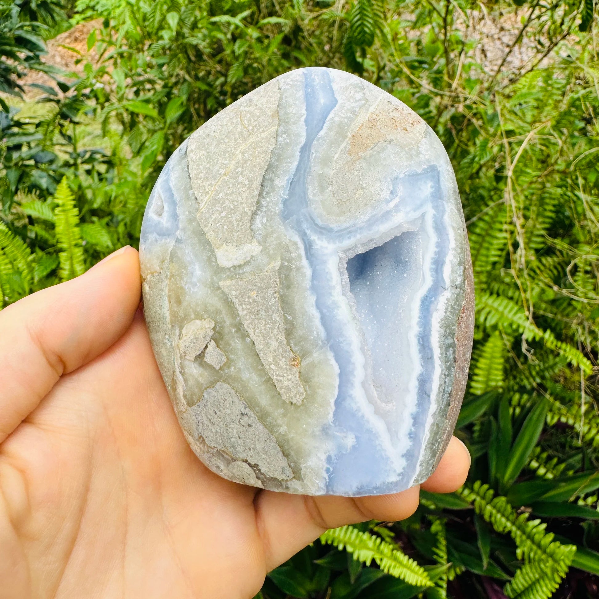 Plan view of Blue Lace Agate specimen, linked to Stress Relief, Malawi-sourced.