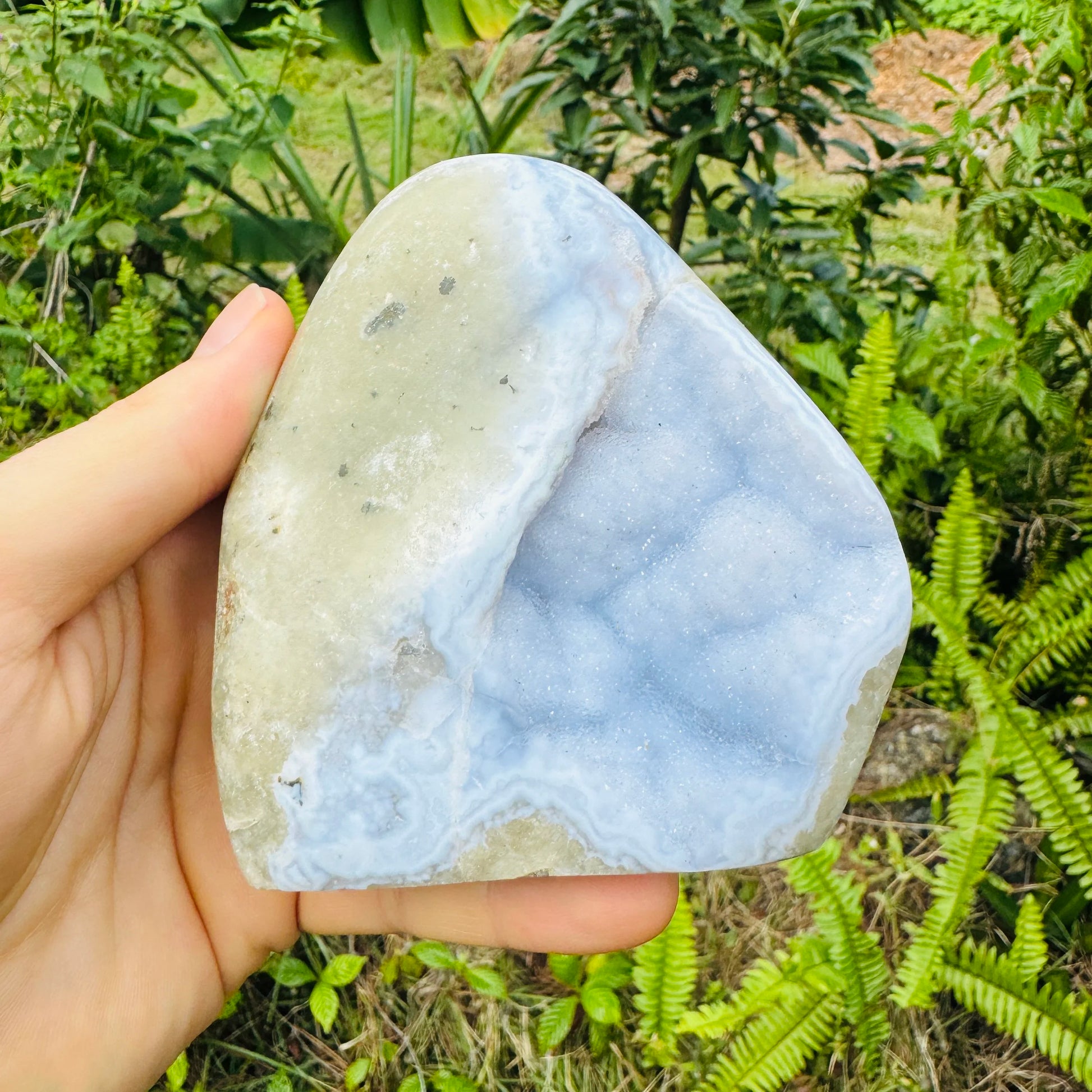 Side-on view of Blue Lace Agate specimen, turned to for Stress Relief.