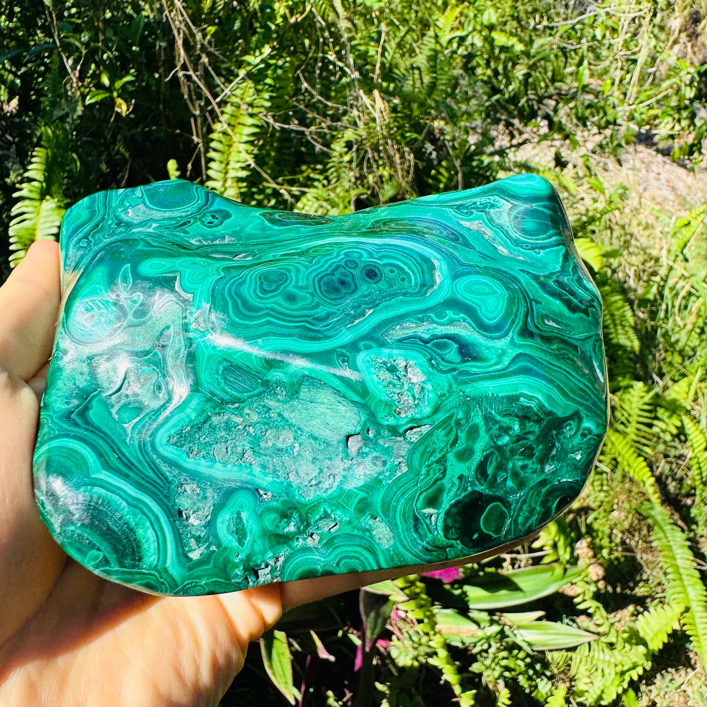 Bird's-eye view of Malachite specimen, sourced from Democratic Republic of the Congo, often worked with for Emotional Healing.