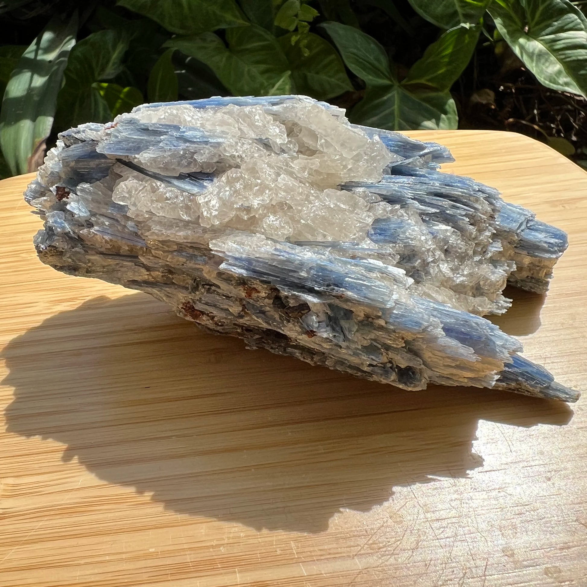 Sideways view of Blue Kyanite specimen, sourced from Minas Gerais, Brazil, often kept for Confidence and Meditation.