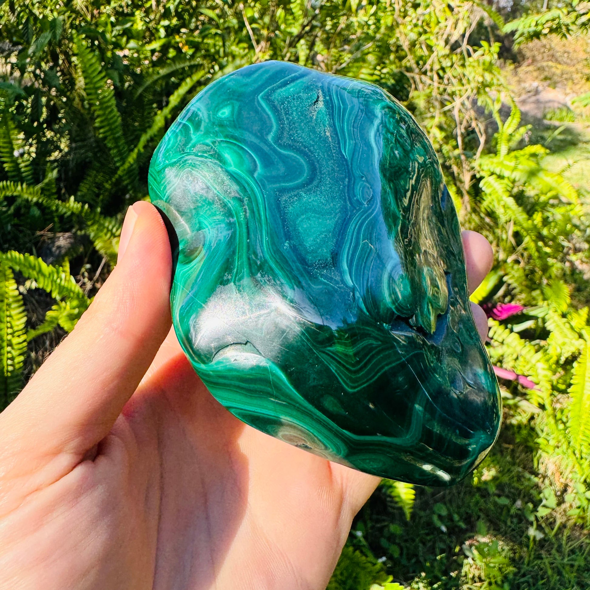Bird's-eye view of Malachite specimen, showing earthy tone, Democratic Republic of the Congo-sourced.