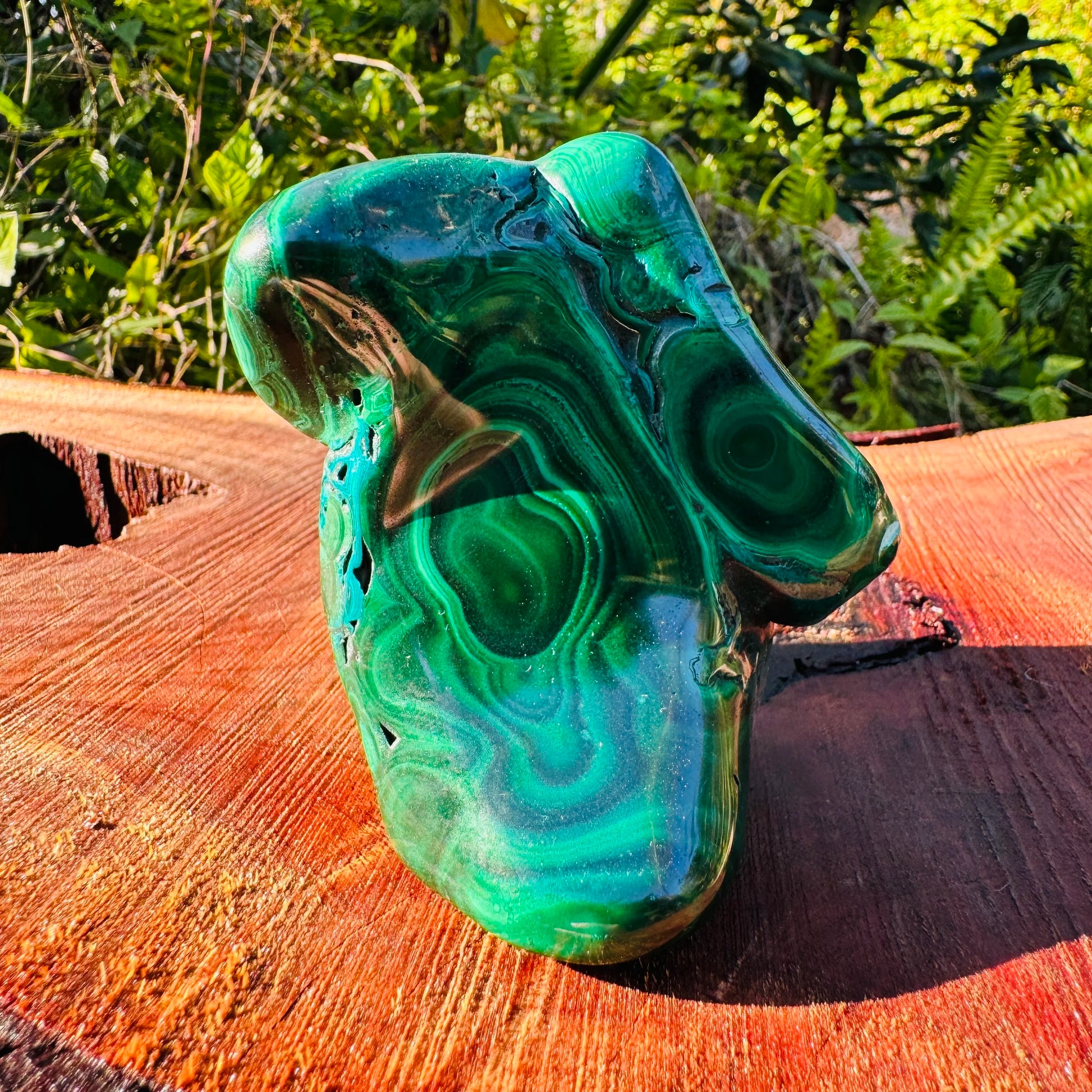 Detail shot of Grade AA Malachite specimen under natural light