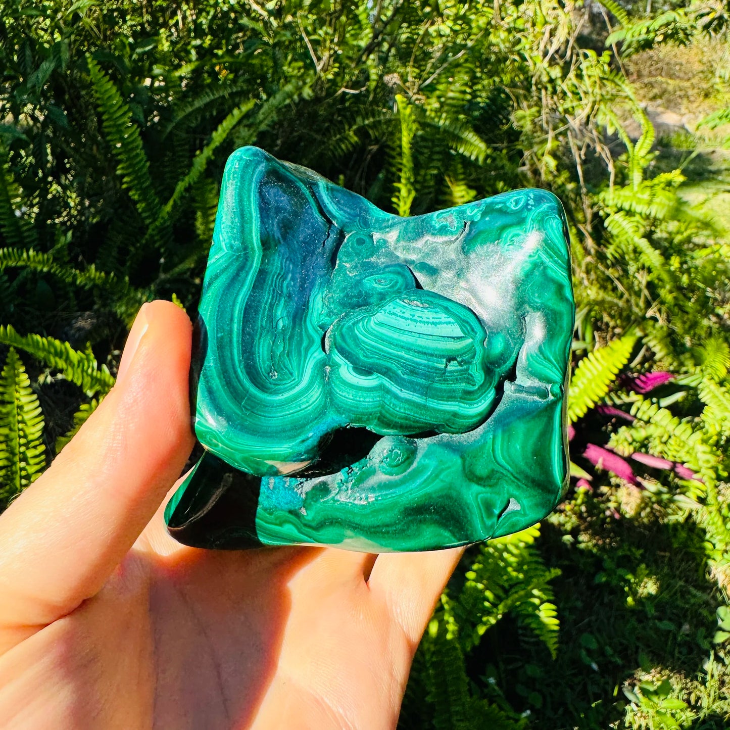Color detail of Malachite specimen, Democratic Republic of the Congo-sourced, showing natural color depth.