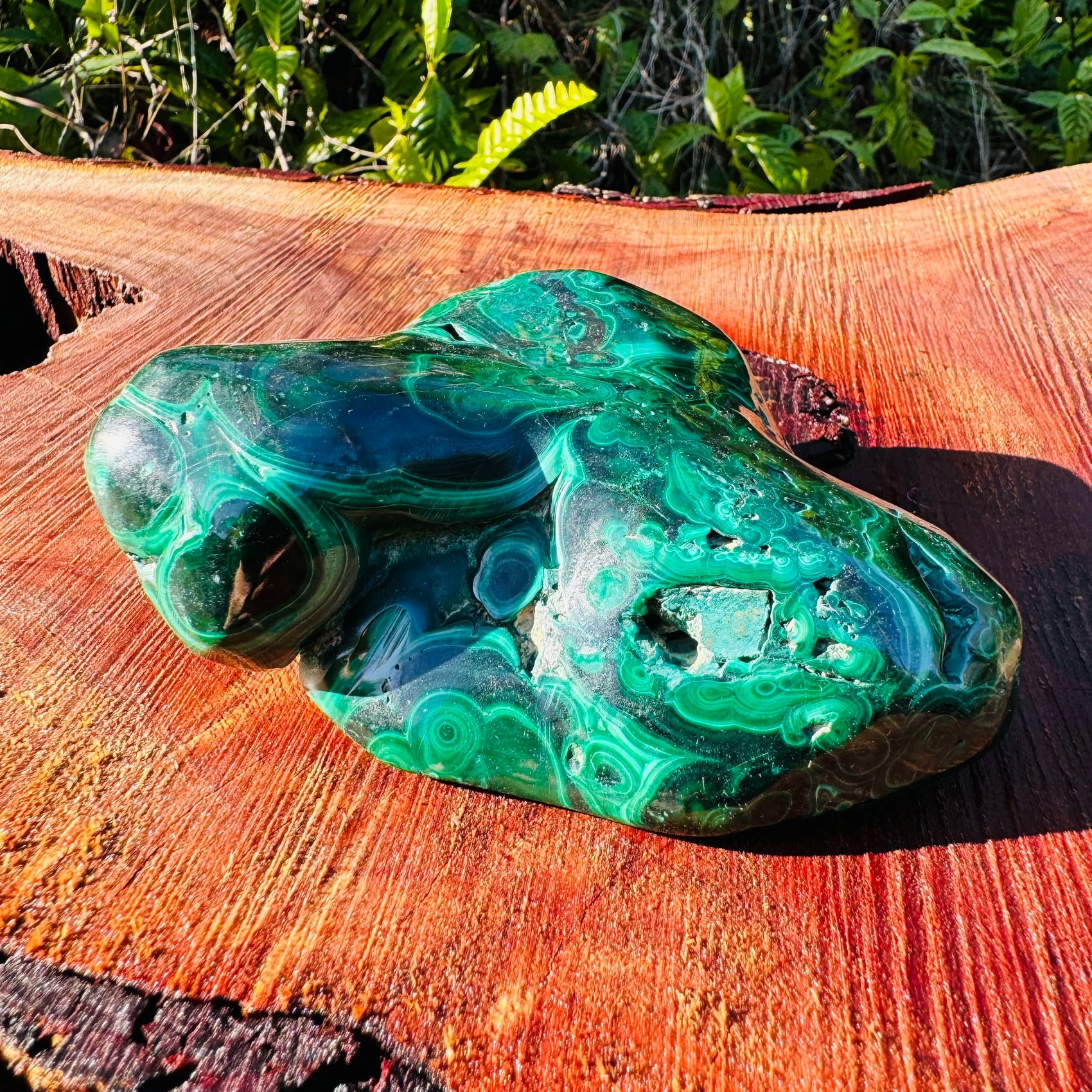Detail shot of Grade AA Malachite specimen under natural light