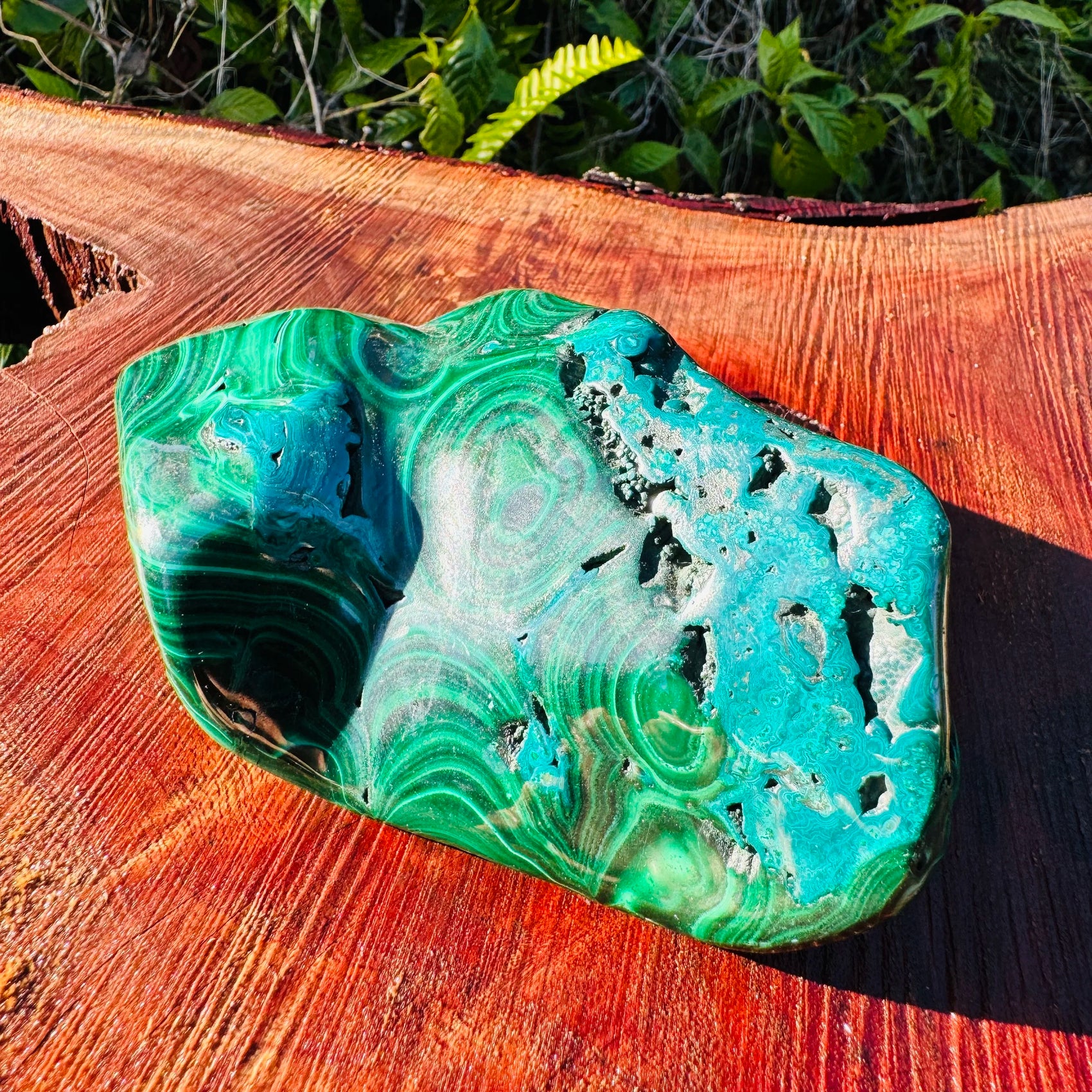 Detail shot of Grade AA Malachite specimen under natural light