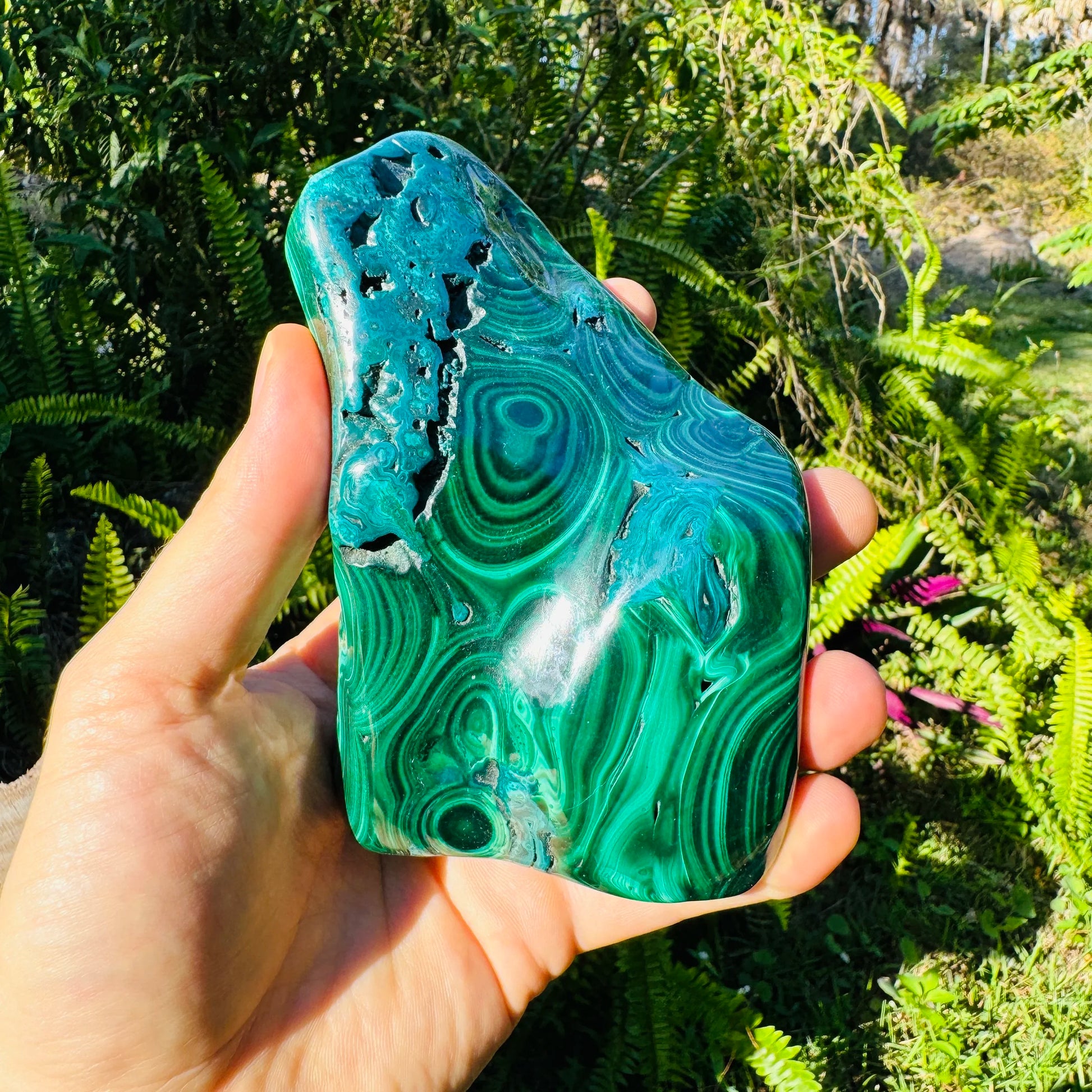 Alternate angle of Grade AA Malachite specimen, linked to Emotional Healing, showing natural variation.