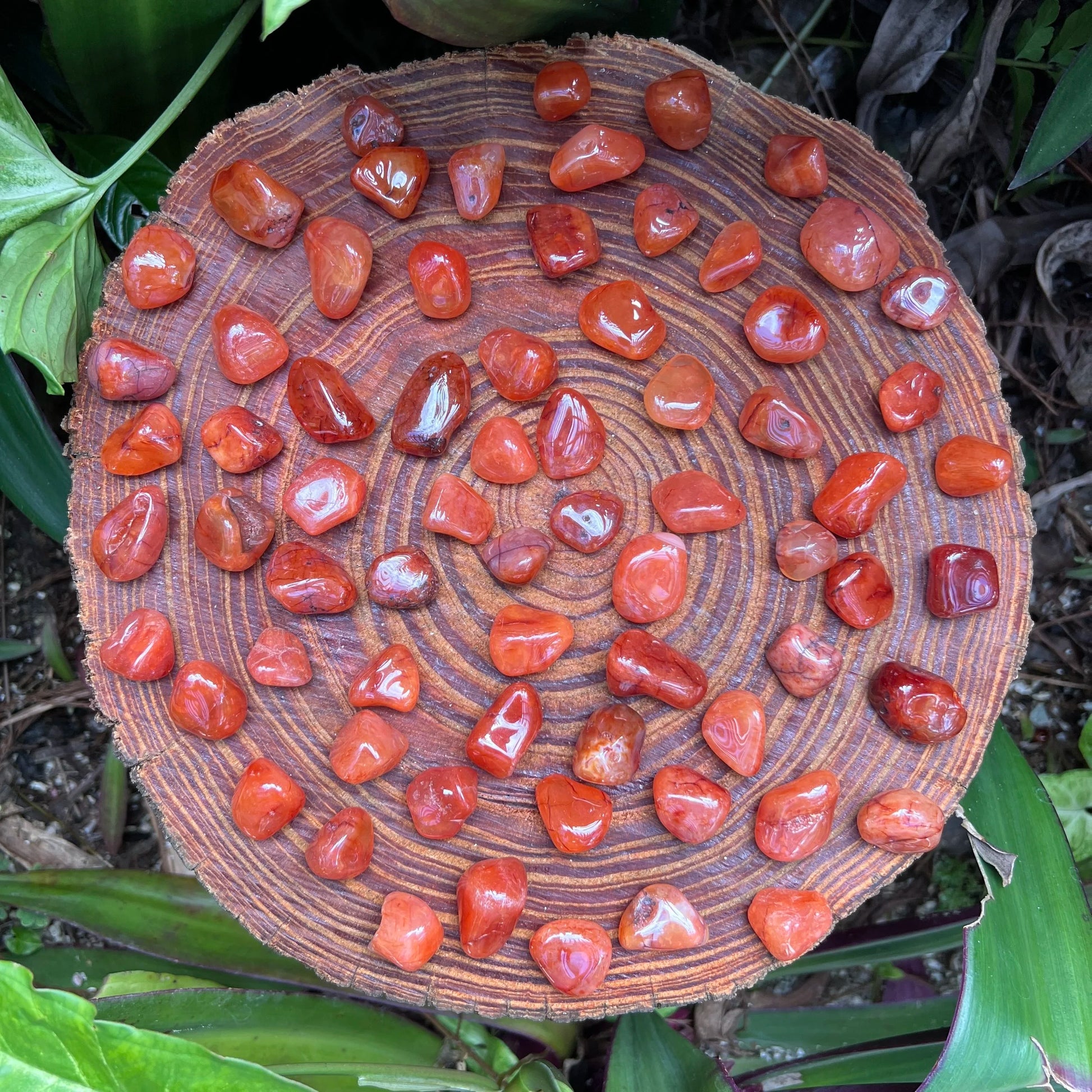 Close-up detail of Grade AA Carnelian tumbled stone showing natural orange, red tones and texture