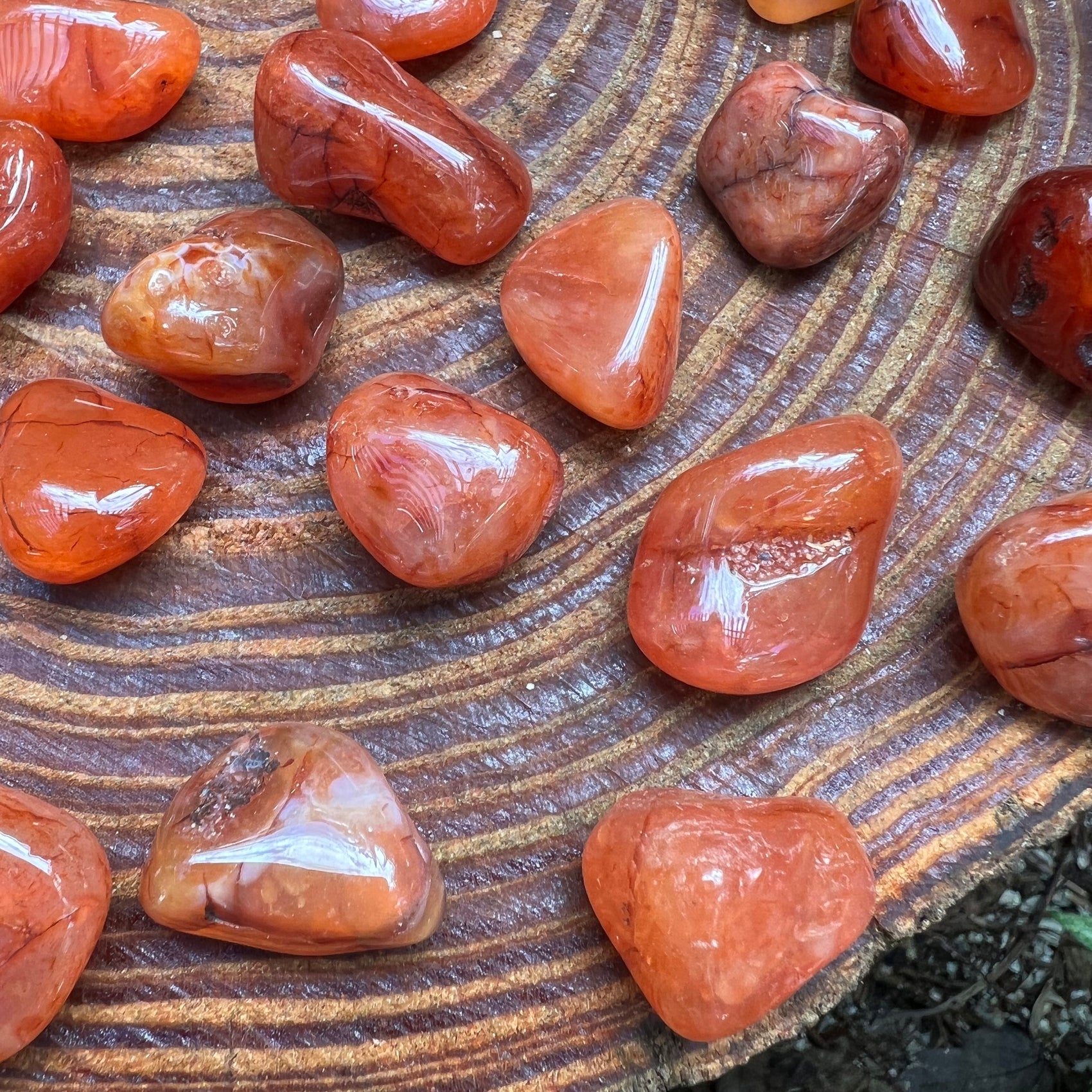 Close-up of Carnelian tumbled stone from Brazil, soothing wellness stone for Confidence