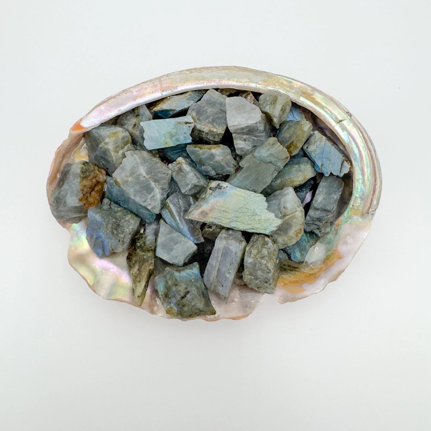 Near view of Labradorite raw stone, carried for Intuition, showing characteristic color.