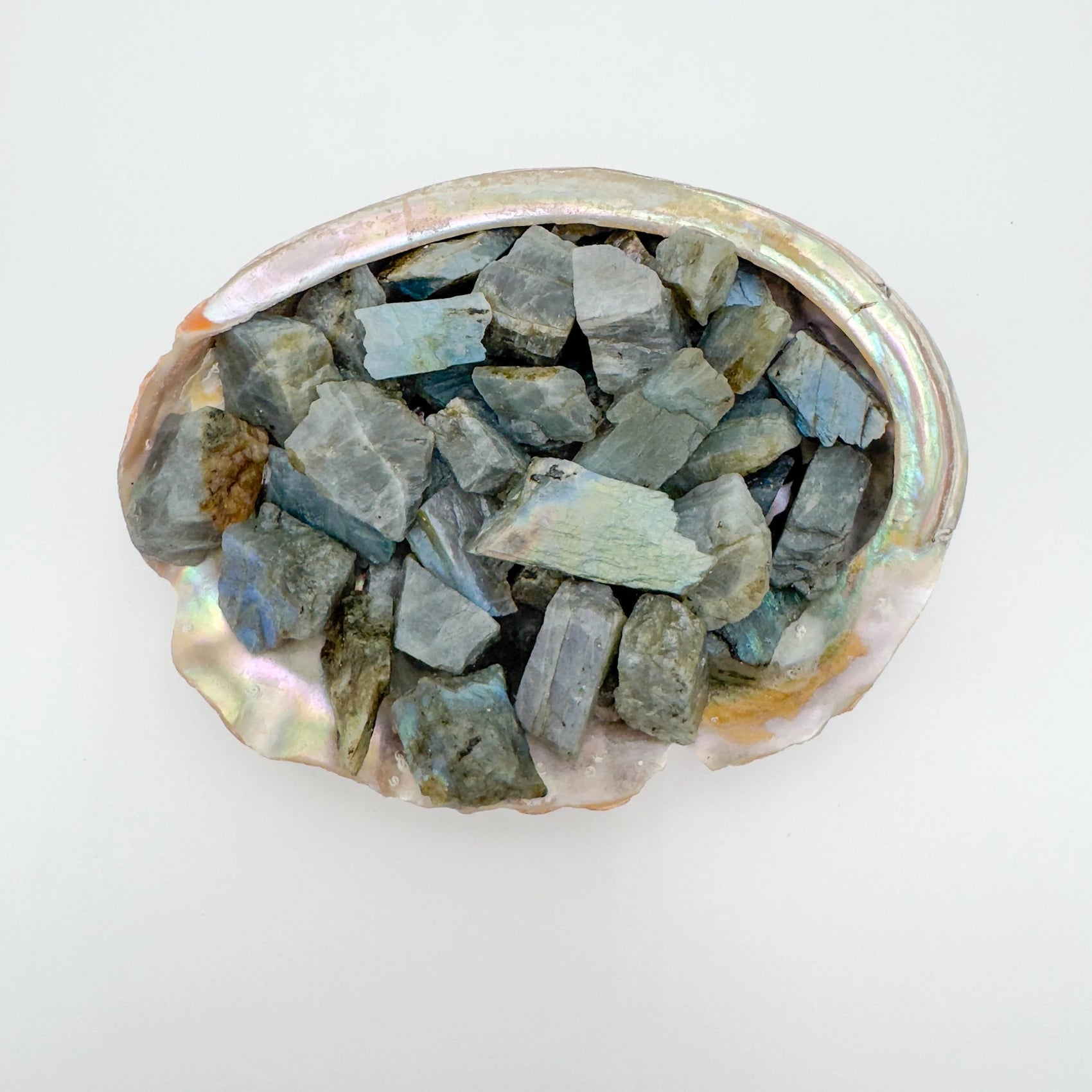 Near view of Labradorite raw stone, carried for Intuition, showing characteristic color.