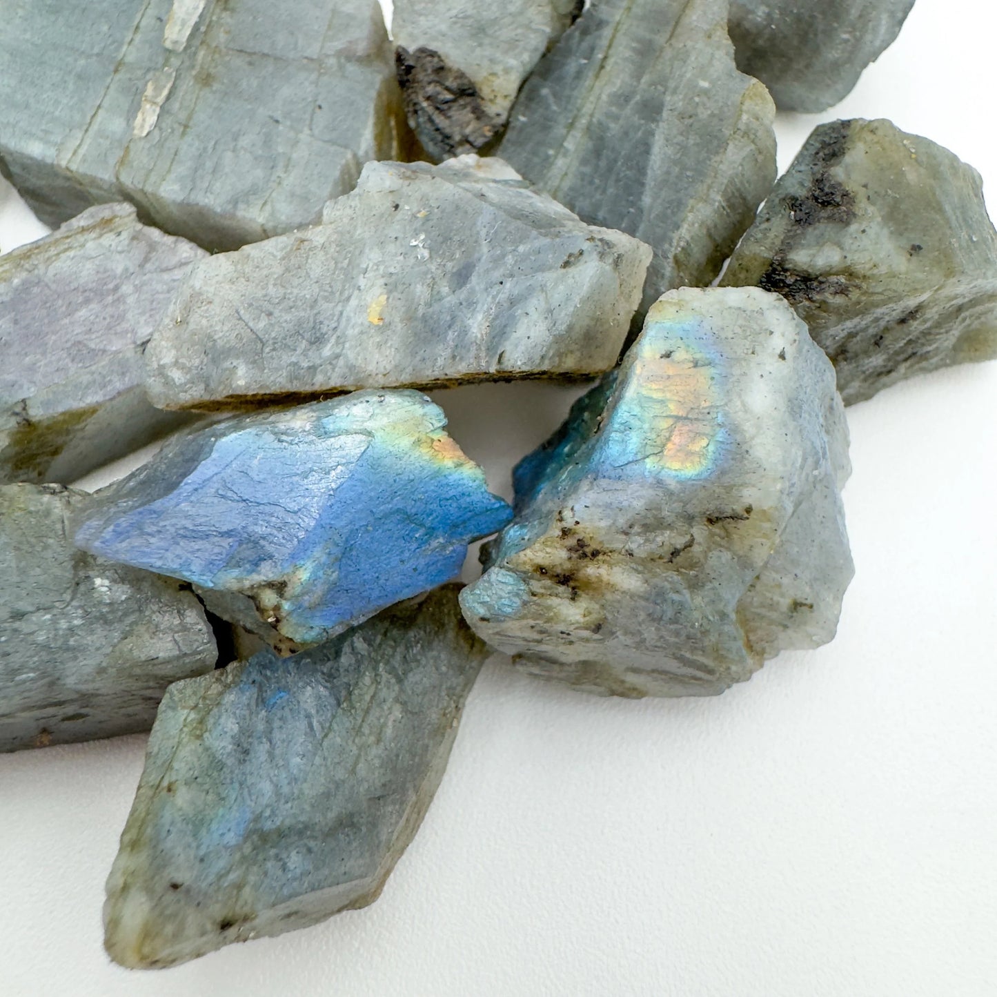 Side angle of Labradorite raw stone, to support Intuition, from Madagascar.