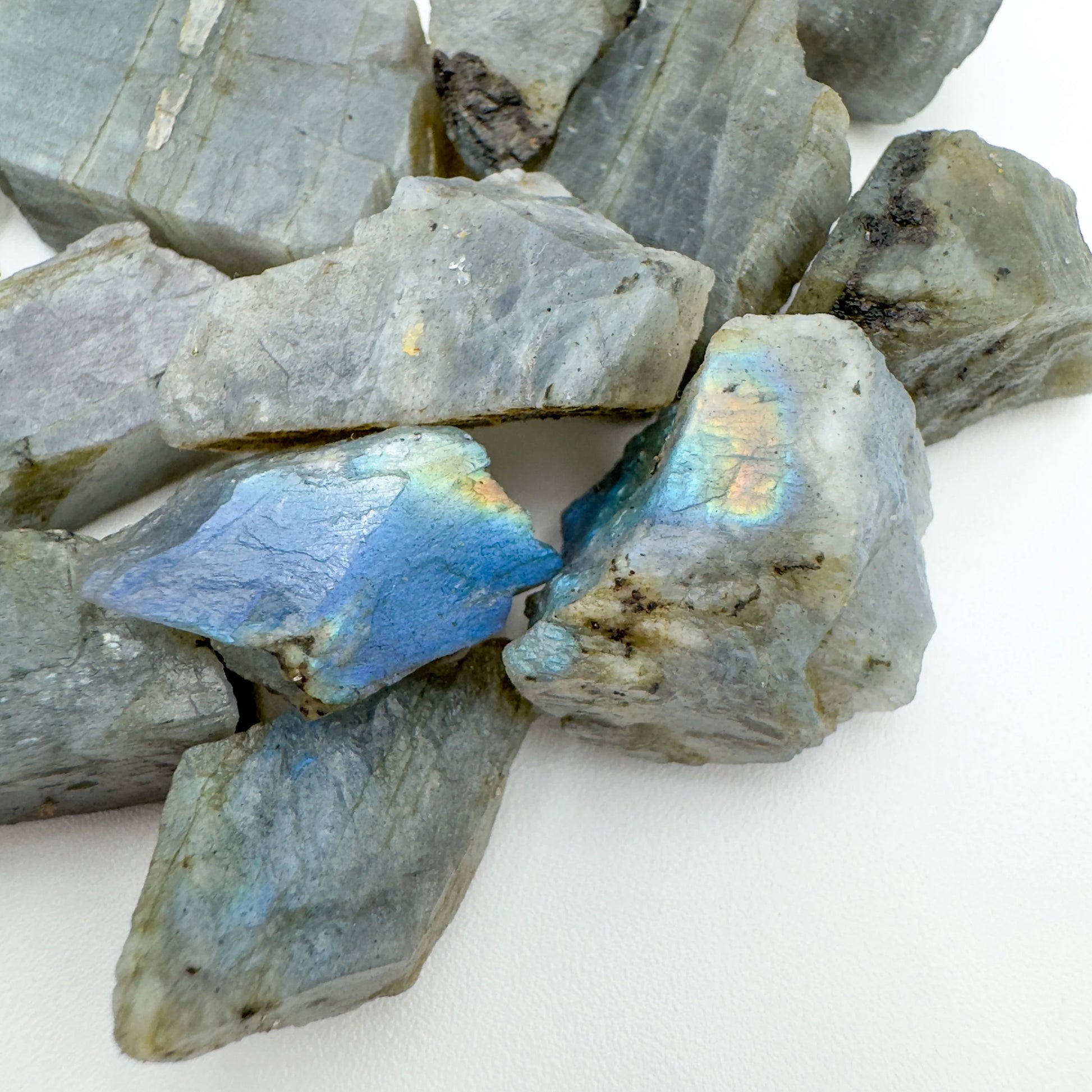 Side angle of Labradorite raw stone, to support Intuition, from Madagascar.