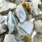 Overhead angle of Grade AAA Labradorite raw stone, sourced from Atsimo-Andrefana, Madagascar.
