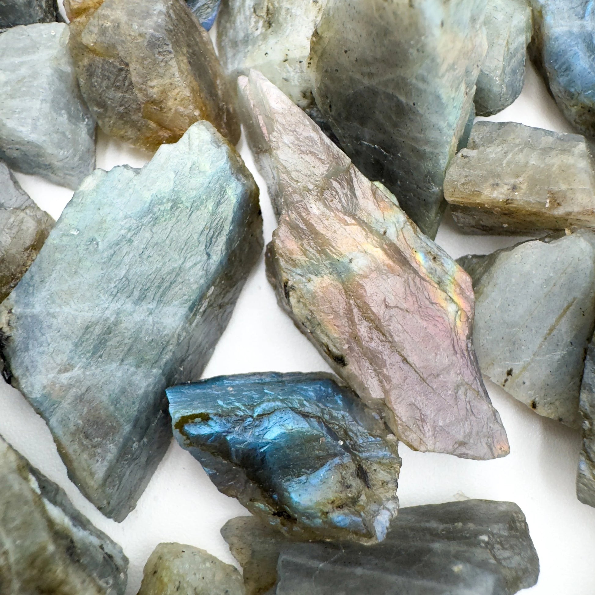 Underside detail of Labradorite raw stone, showing honest grain, drawn on for Intuition.