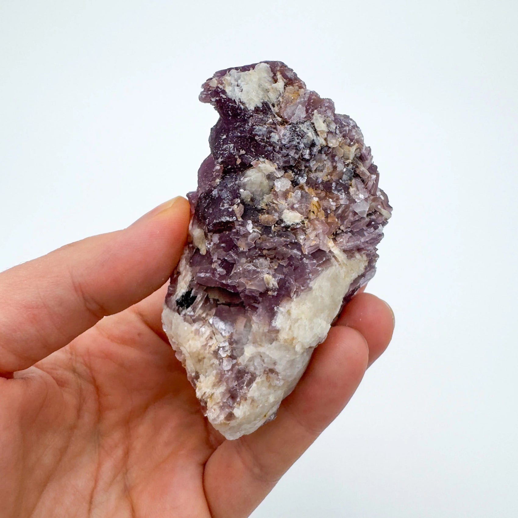 In-hand view of a single Lepidolite specimen hand-selected from Minas Gerais, Brazil.