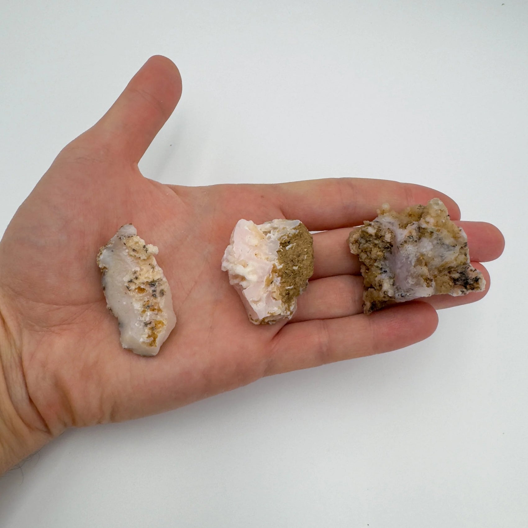 Handheld Pink Opal raw stone from Peru for meditation, Emotional Healing and Stress Relief