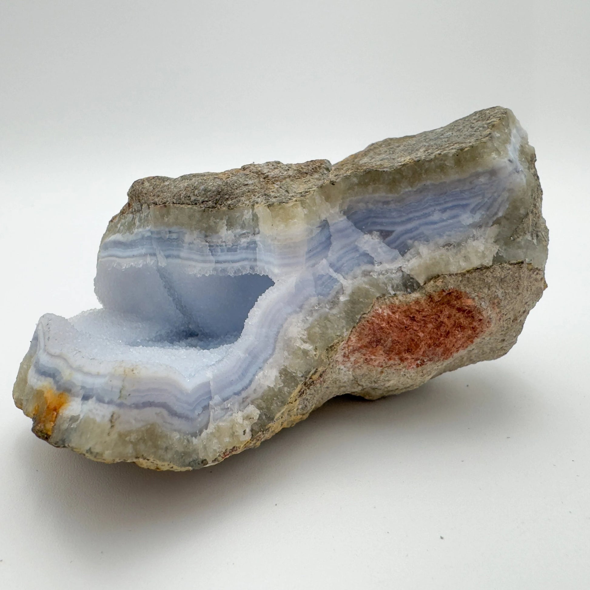 Edge-on view of Blue Lace Agate raw geode, from Malawi, worked with for Stress Relief.