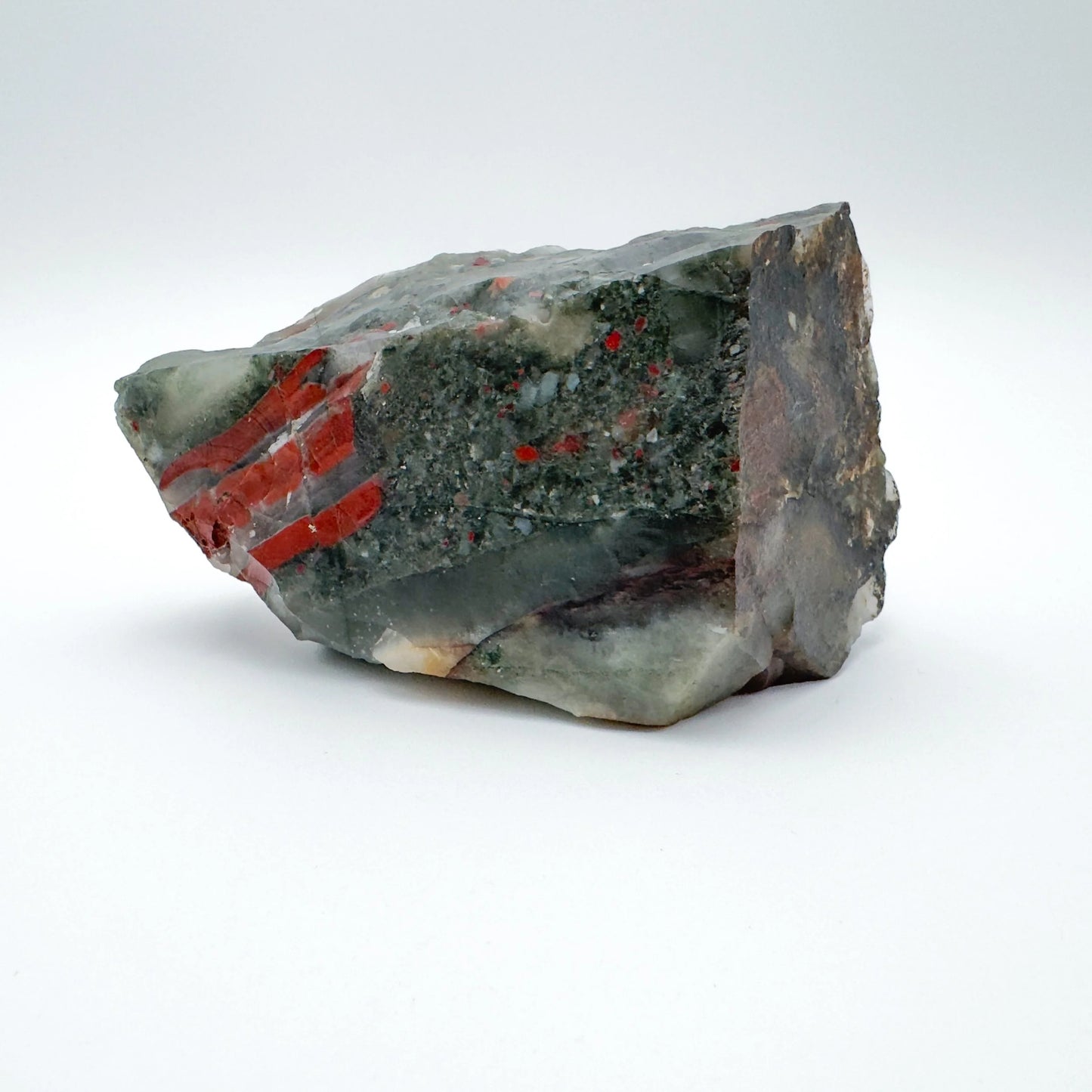 Sideways view of Bloodstone specimen, sourced from Hhohho, Eswatini.