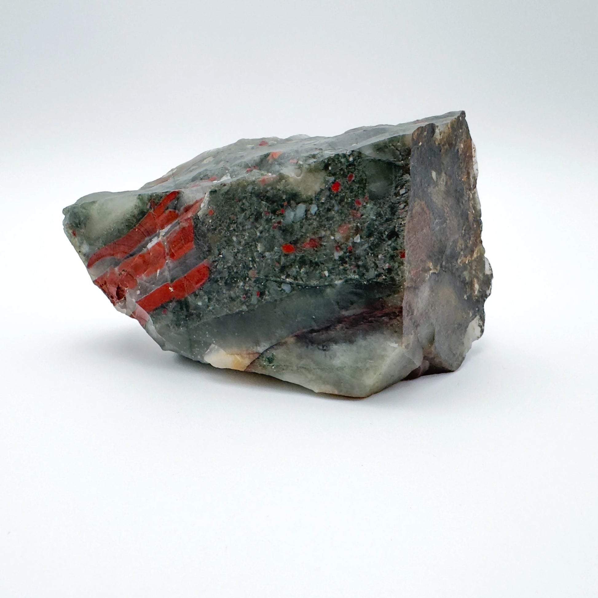Sideways view of Bloodstone specimen, sourced from Hhohho, Eswatini.