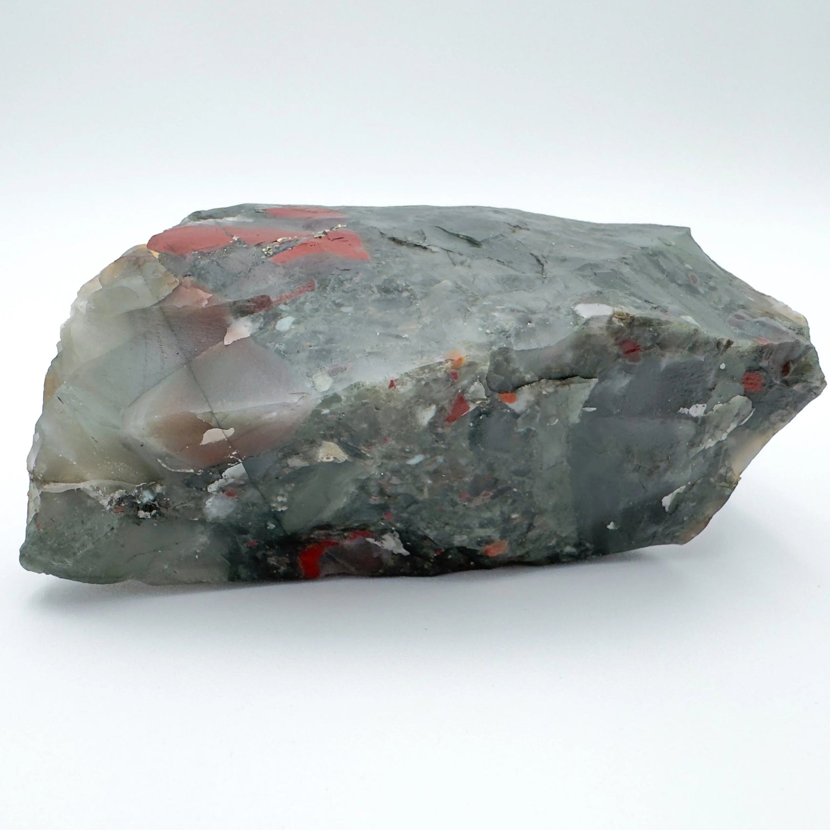 Back view of green Bloodstone specimen, hand-selected from Hhohho, Eswatini, showing natural sheen.