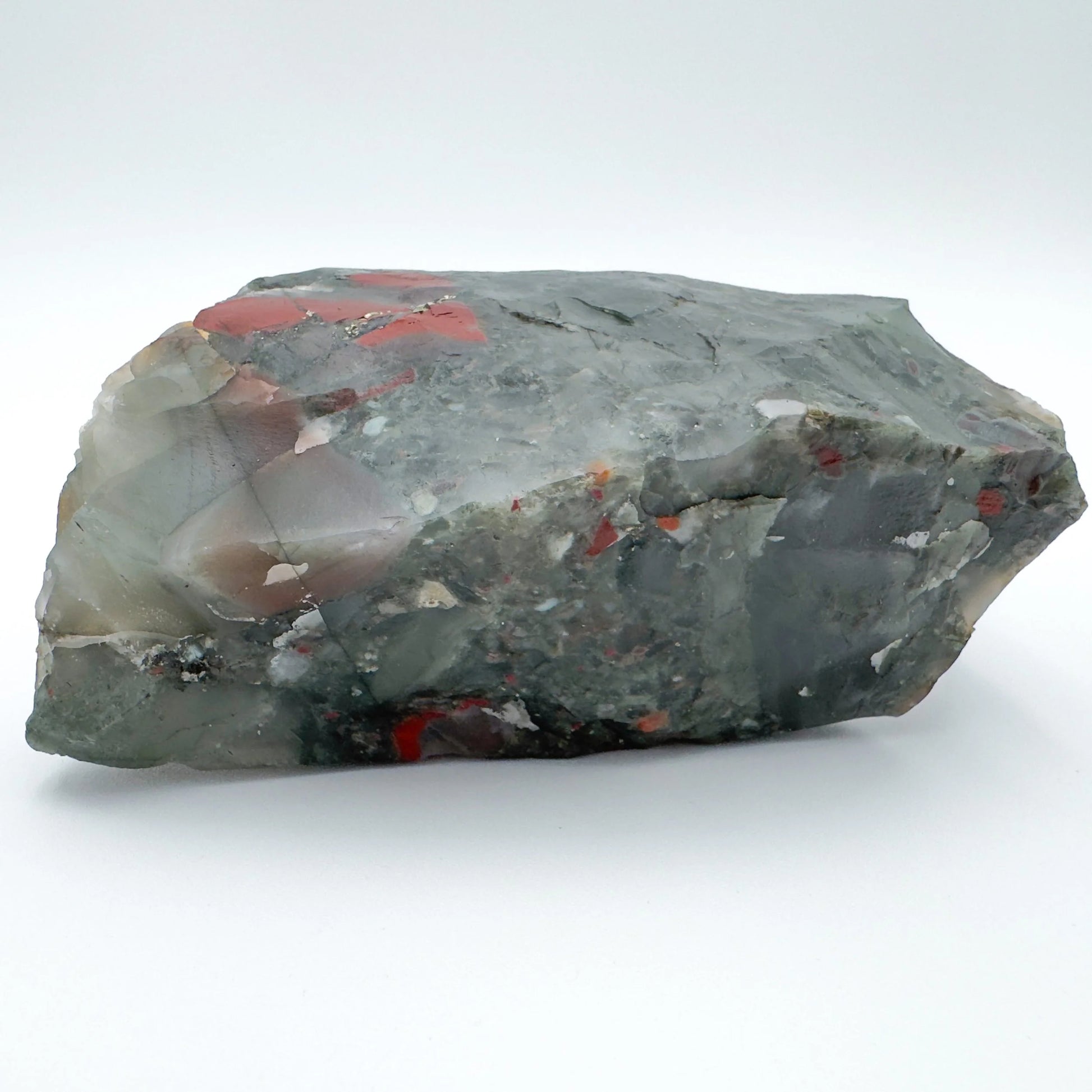 Back view of green Bloodstone specimen, hand-selected from Hhohho, Eswatini, showing natural sheen.