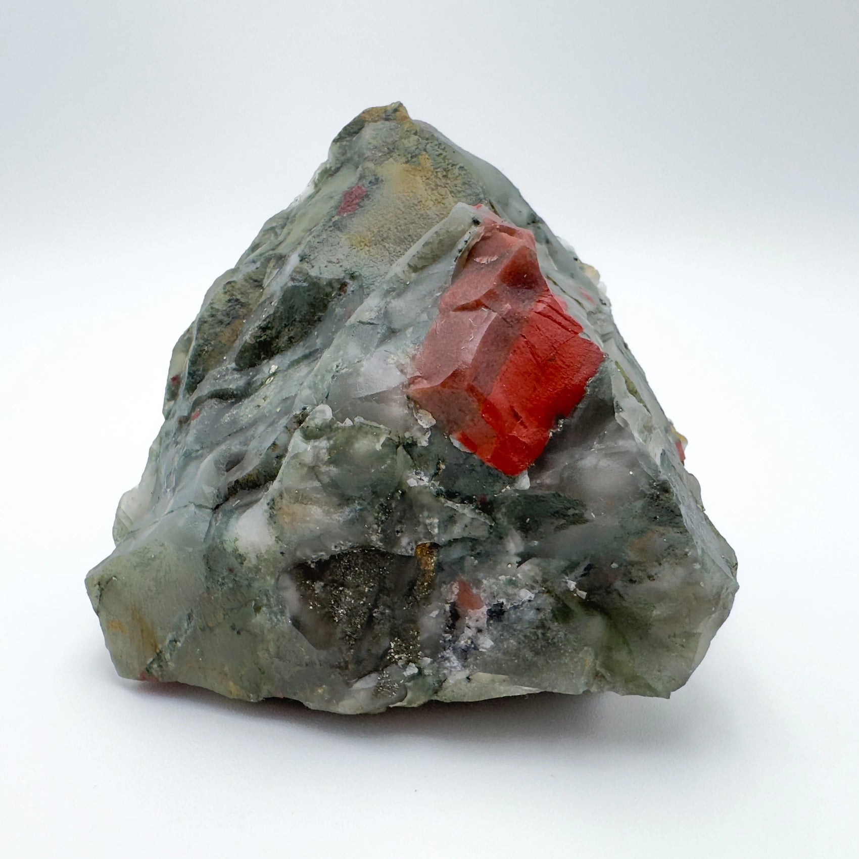Hand-scale shot of a Bloodstone specimen held against natural backdrop, from Hhohho, Eswatini.
