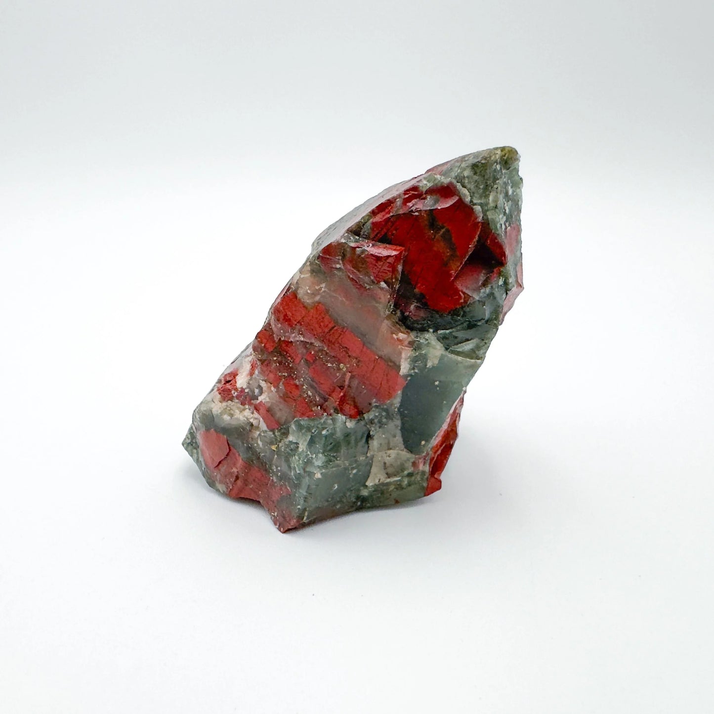Bird's-eye view of Grade AA Bloodstone specimen, carried for Energy and Protection, sourced from Hhohho, Eswatini.