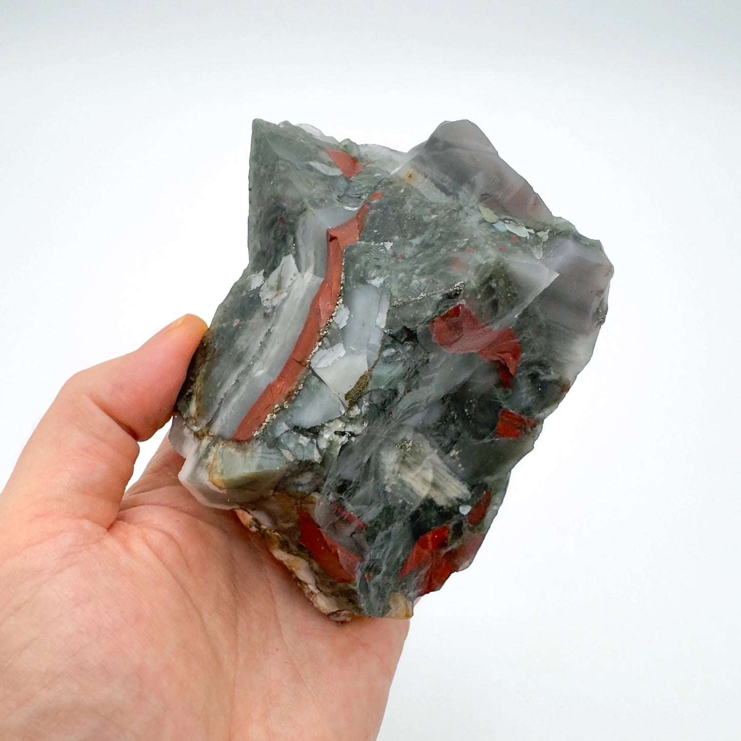 Scale comparison of Bloodstone specimen, with depth visible across the surface.