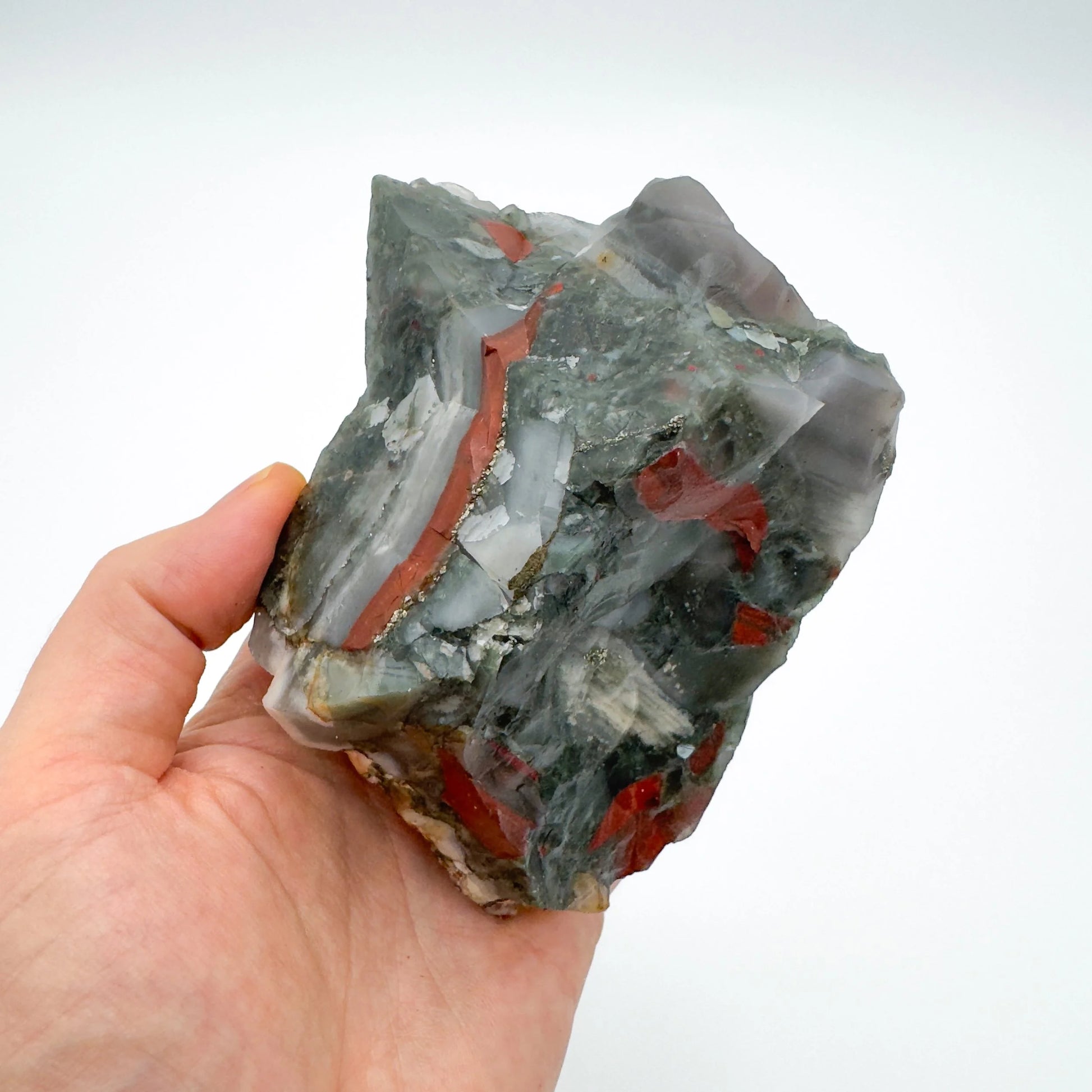 Scale comparison of Bloodstone specimen, with depth visible across the surface.